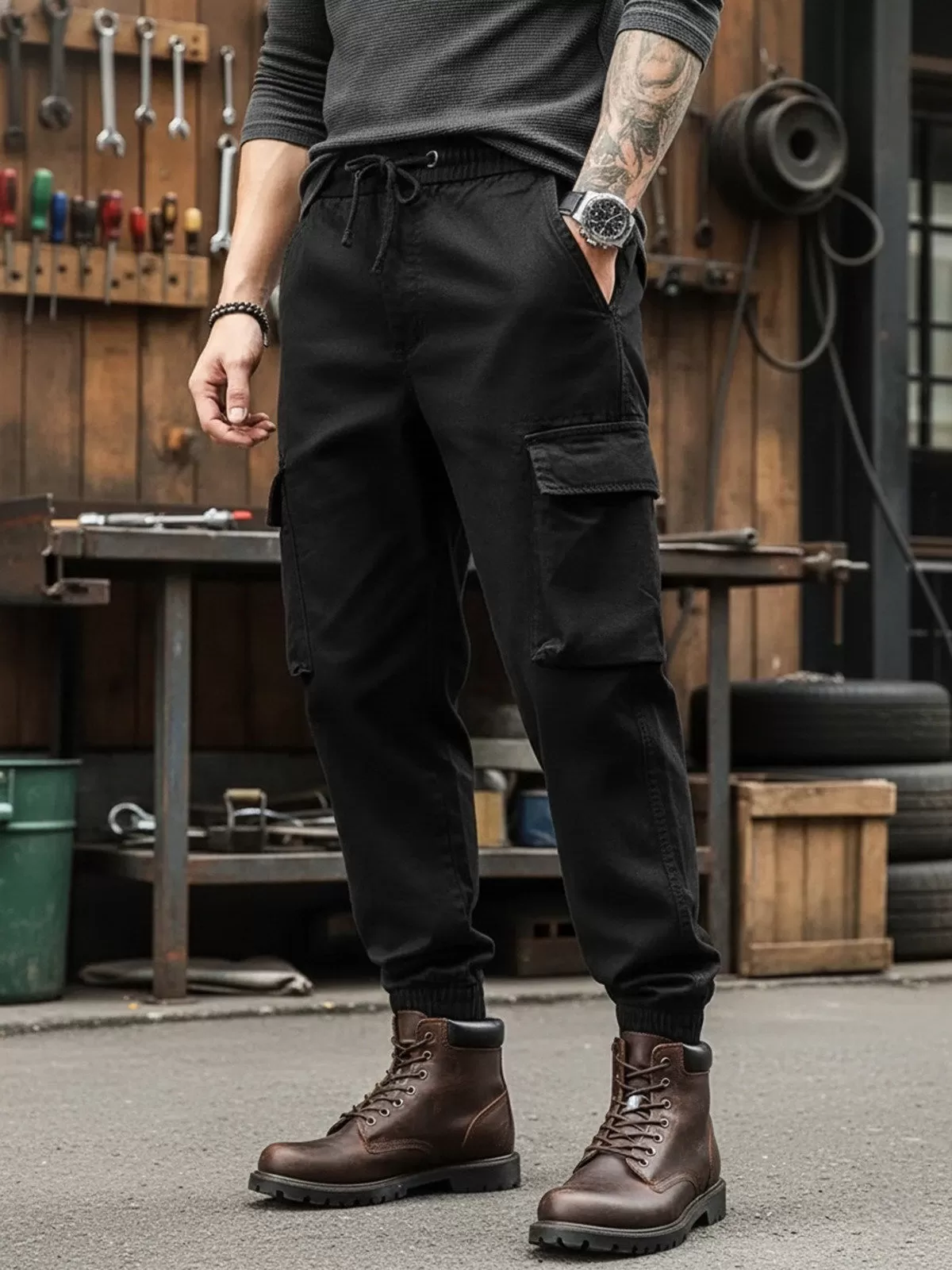 Men's Cargo Pants Multi-Pocket Drawstring Wear-resistant Casual Loose Spring and Autumn Reinforced Work Trousers, 2 of 3