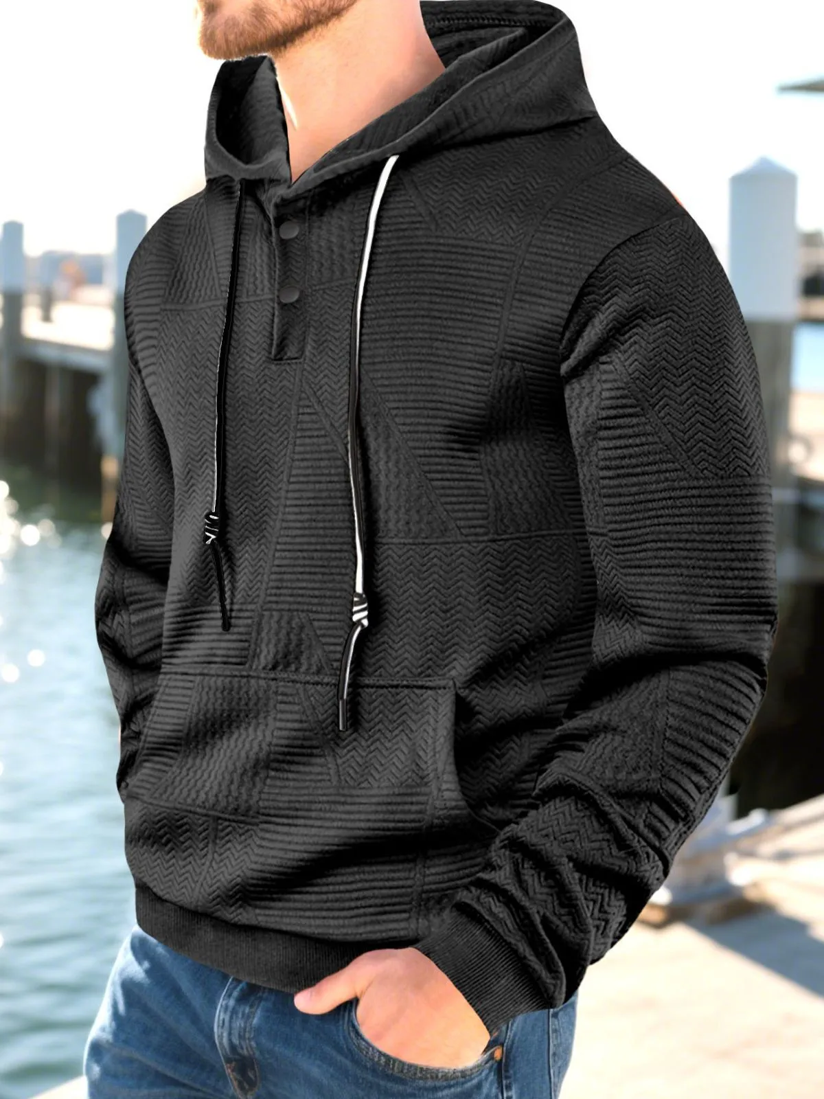 Men's Hoodie Button Up Plain Jacquard Drawstring Pocket Ribbed Sports & Outdoor Daily Holiday Polyester Streetwear Basic Casual Spring Fall Clothing, 4 of 5