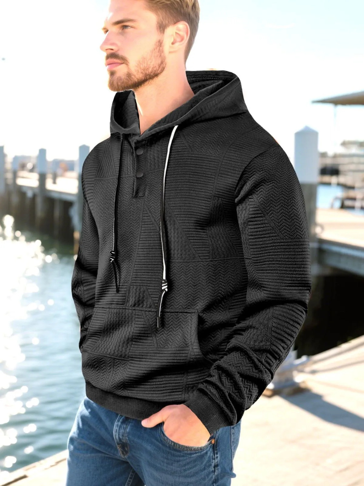 Men's Hoodie Button Up Plain Jacquard Drawstring Pocket Ribbed Sports & Outdoor Daily Holiday Polyester Streetwear Basic Casual Spring Fall Clothing, 5 of 5
