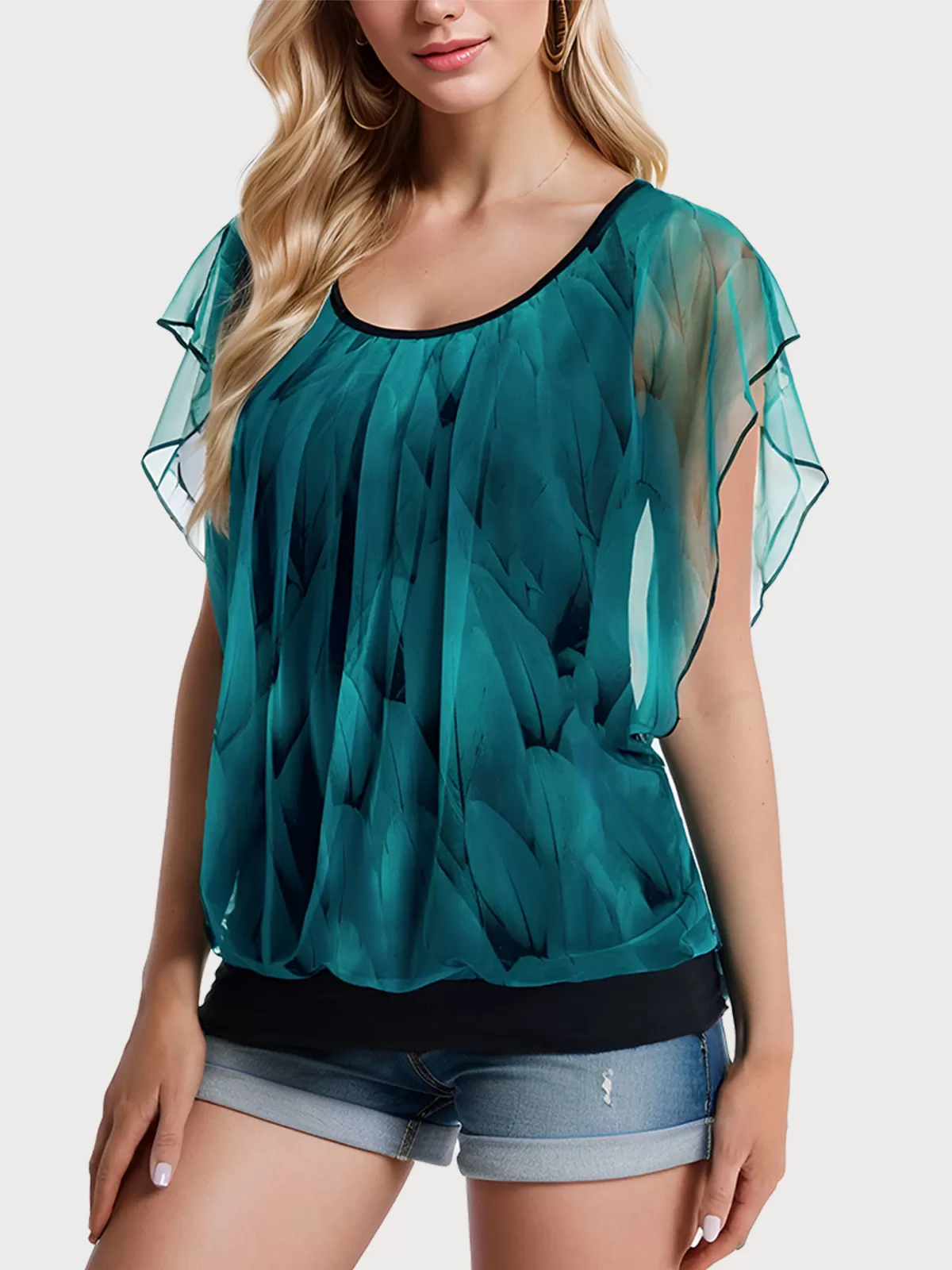 Floral Wrinkle Round Neck Batwing Short Sleeve Blouse, 1 of 4