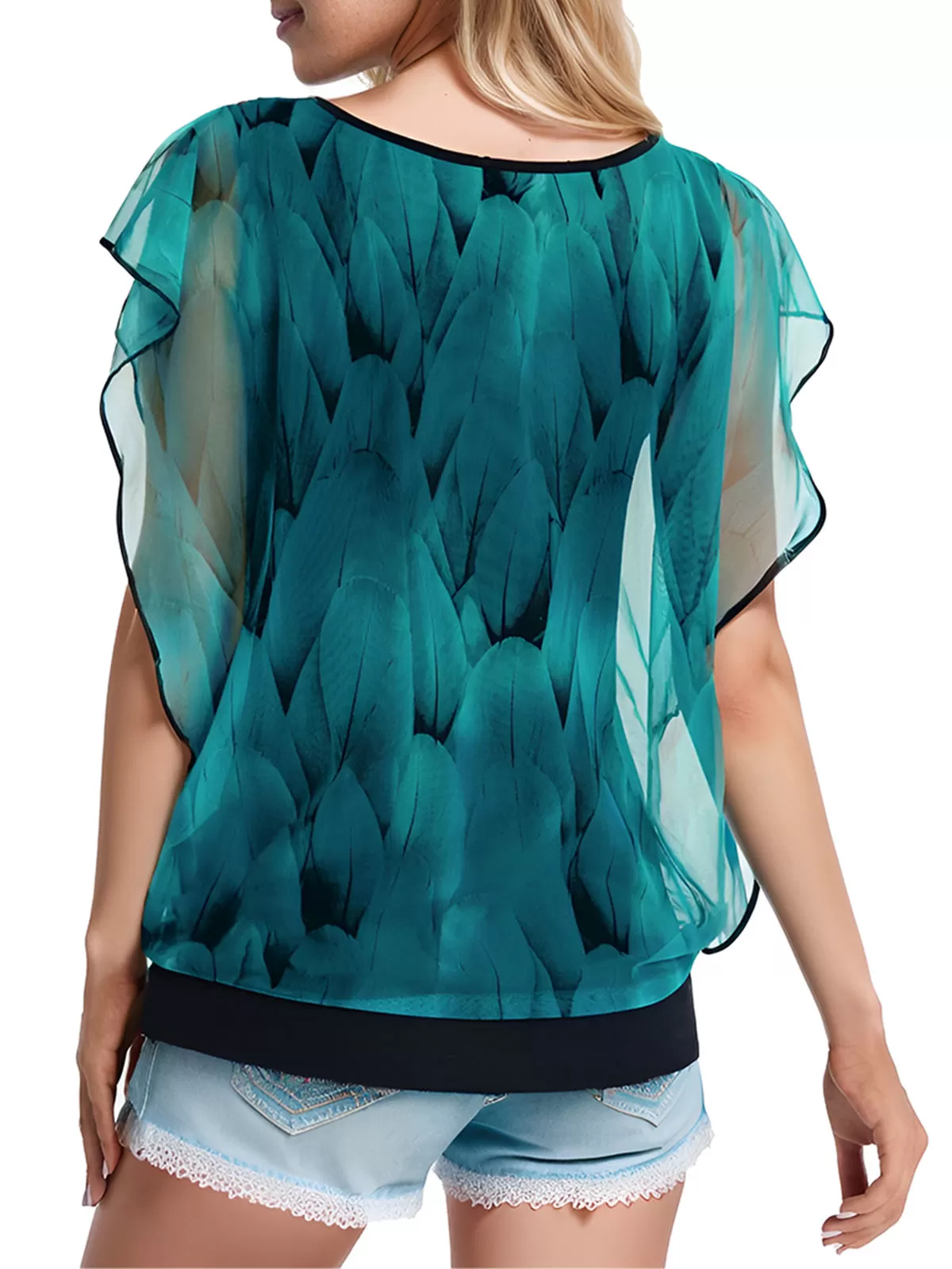 Floral Wrinkle Round Neck Batwing Short Sleeve Blouse, 3 of 4