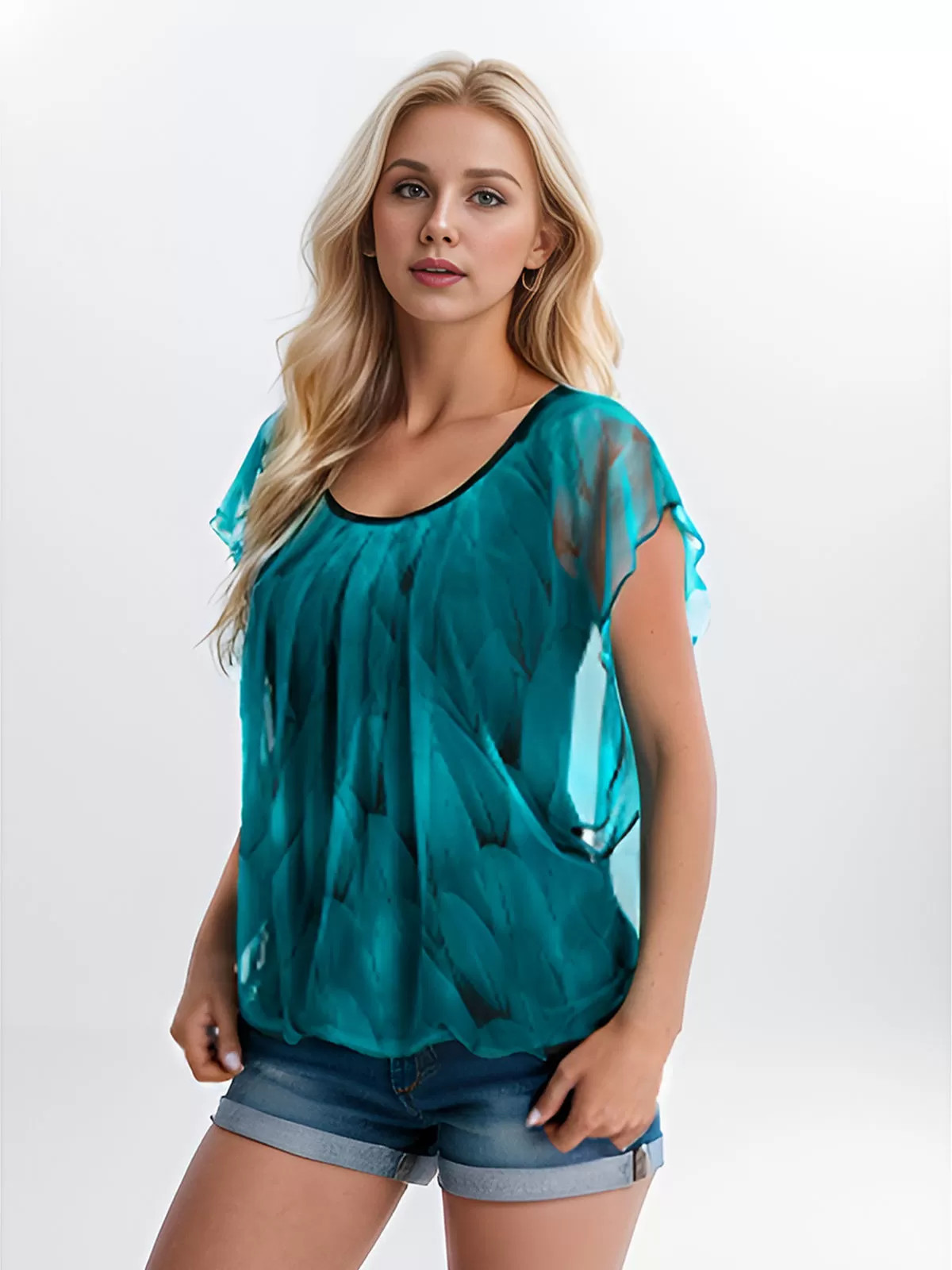 Floral Wrinkle Round Neck Batwing Short Sleeve Blouse, 4 of 4