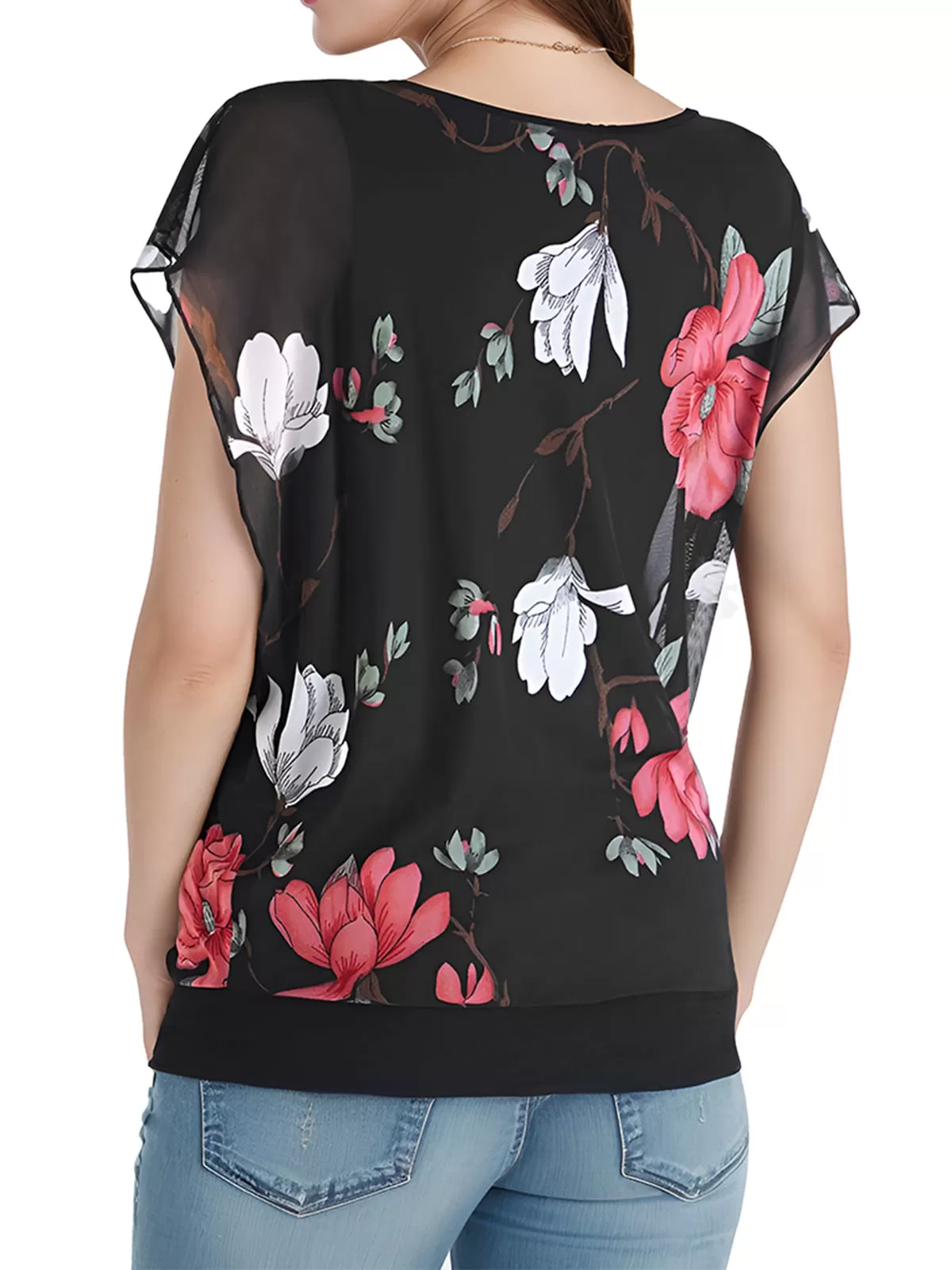 Floral Wrinkle Round Neck Batwing Short Sleeve Blouse, 2 of 4