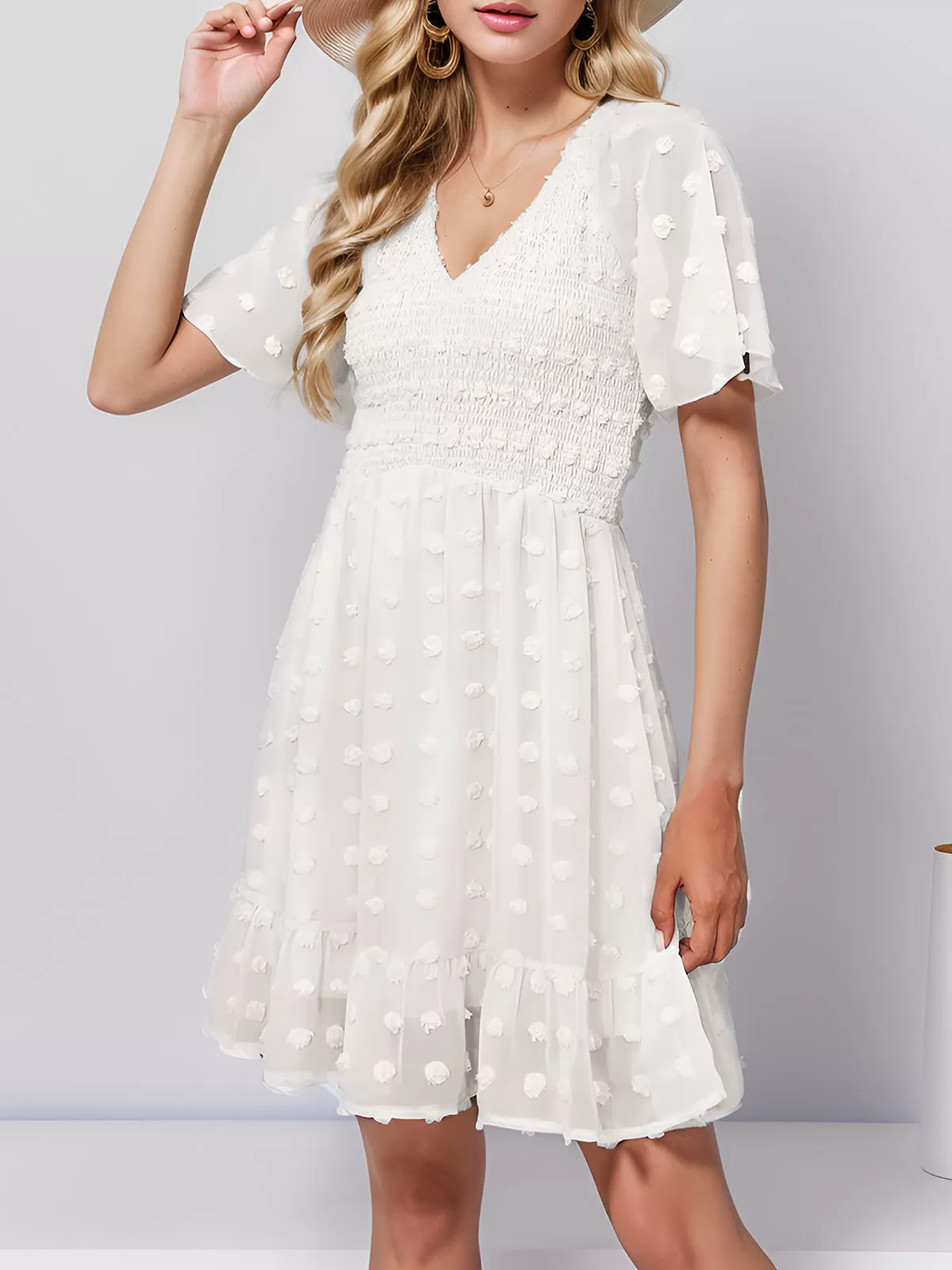 Wrinkle V-neck Flounce A-line Dress, 2 of 5