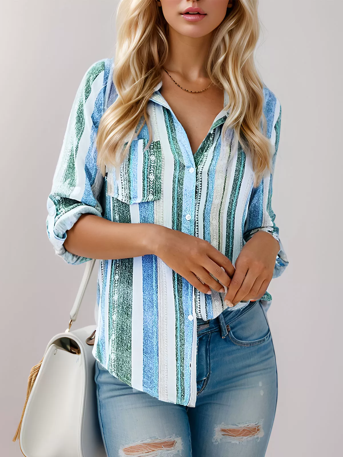 Stripes Printing Lapel Long Sleeve Blouse, 2 of 5