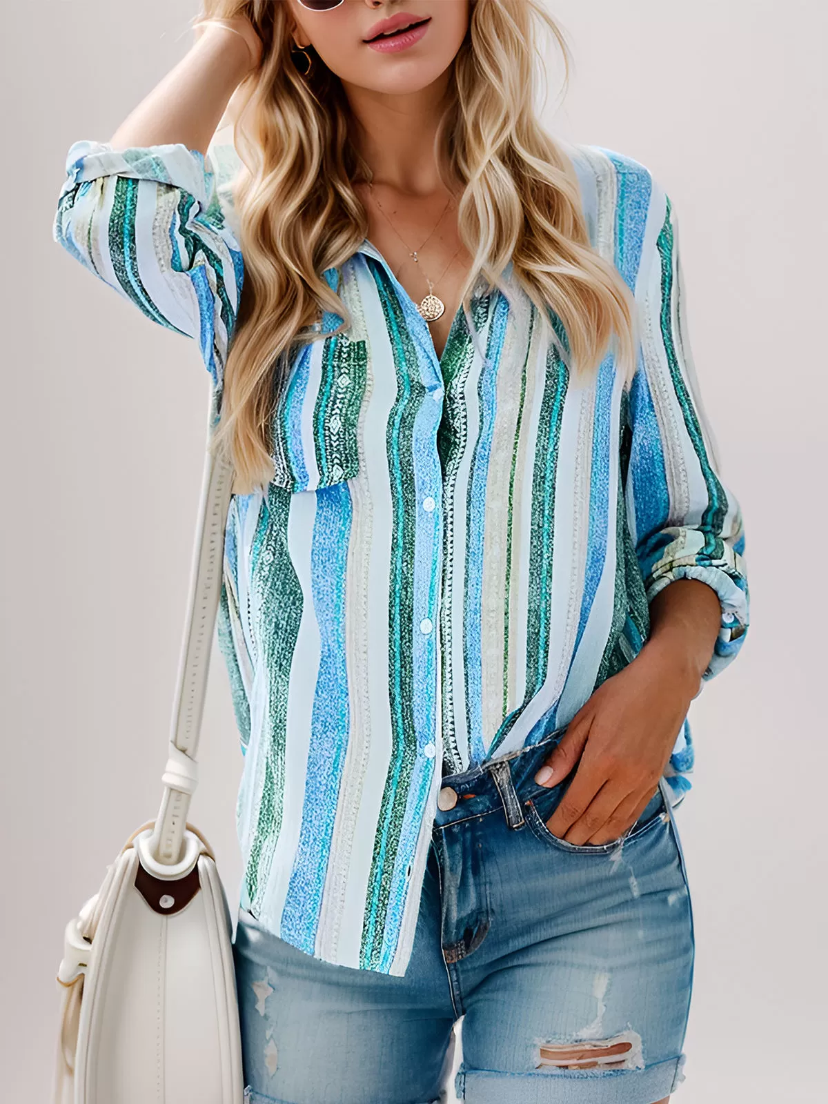 Stripes Printing Lapel Long Sleeve Blouse, 3 of 5