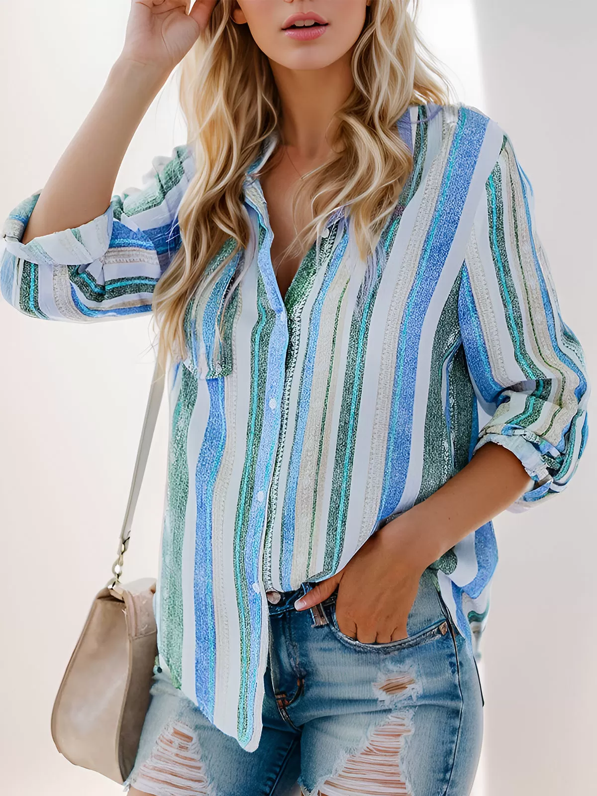 Stripes Printing Lapel Long Sleeve Blouse, 4 of 5