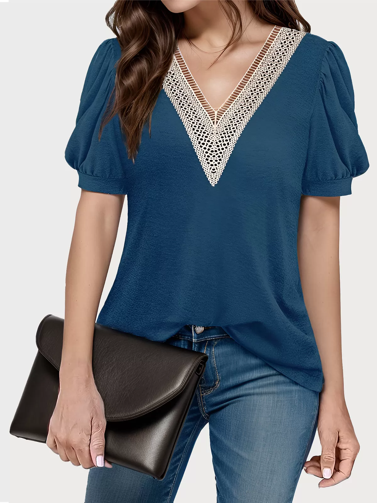 V-neck Puff Short Sleeve Blouse, 1 of 3