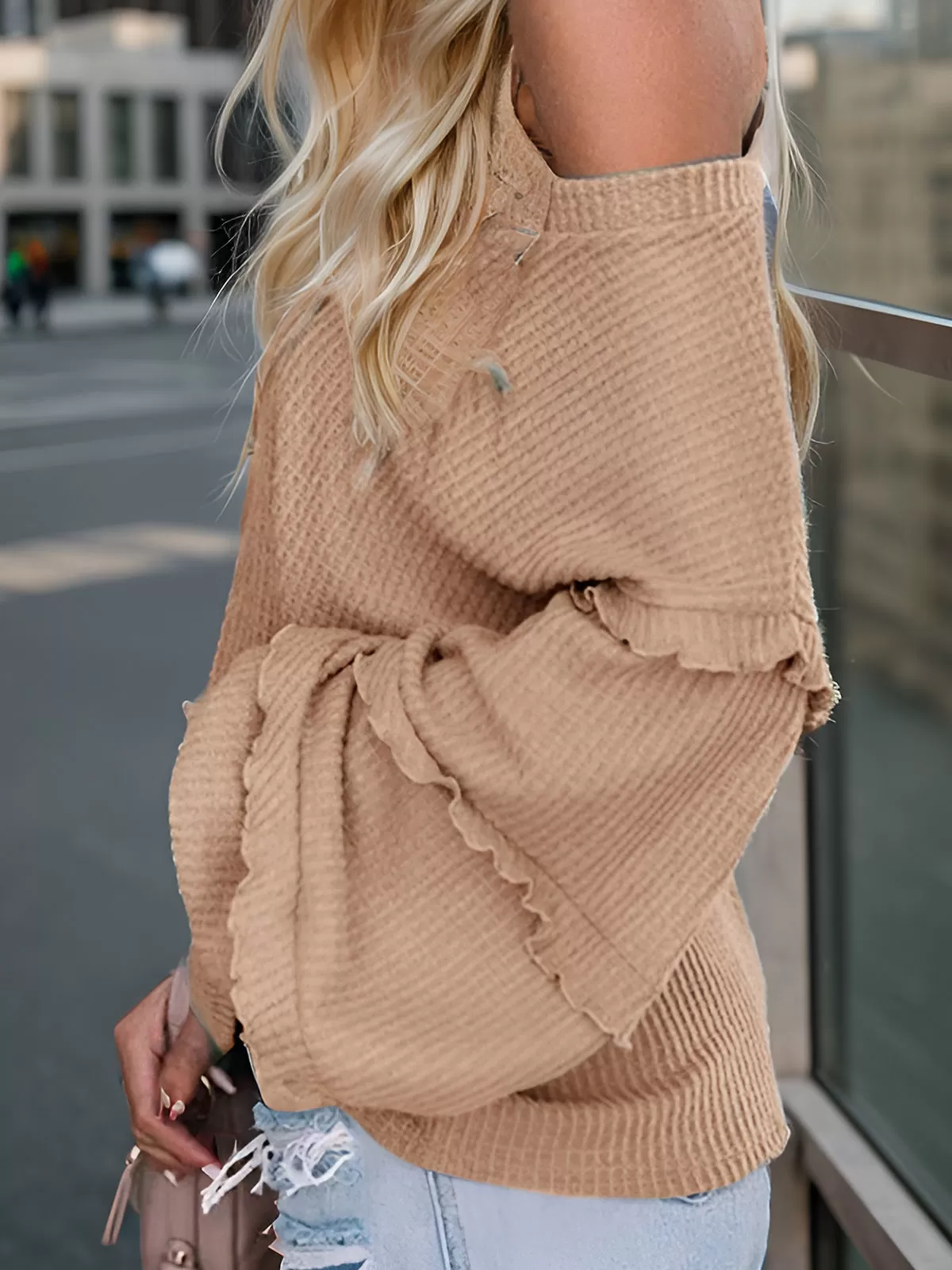 Solid V-neck Lantern Long Sleeve Blouse, 2 of 5