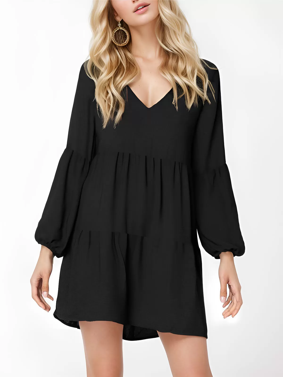 Wrinkle V-neck Lantern Tiered Dress, 2 of 5