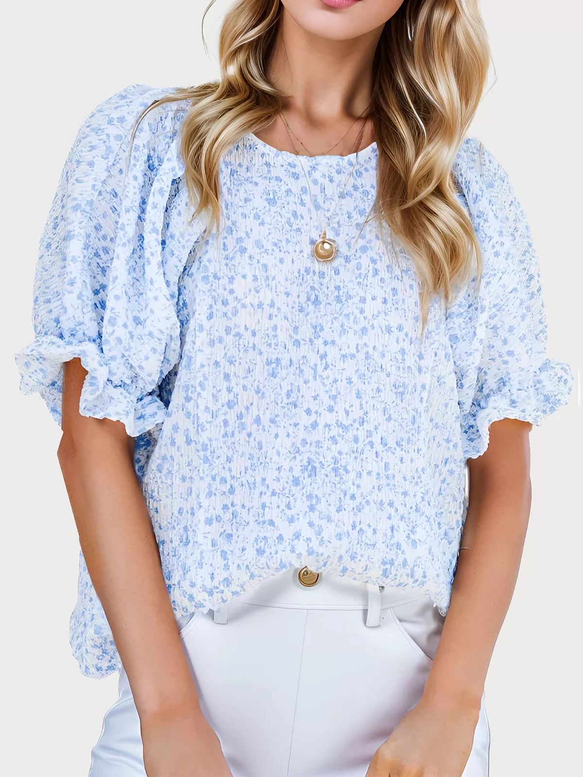 Floral Printing Round Neck Puff Short Sleeve Blouse, 1 of 5