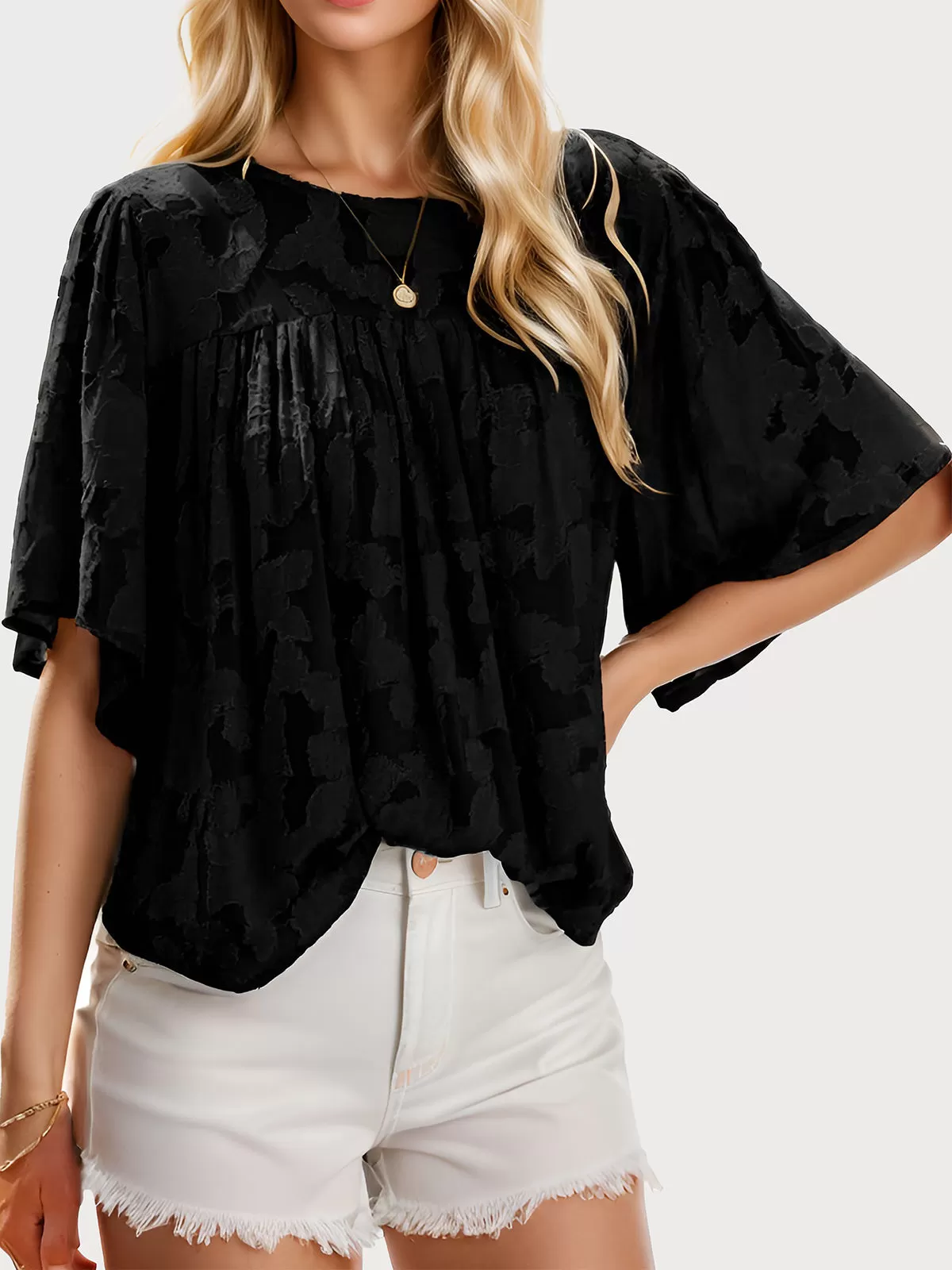 Round Neck Flare Short Sleeve Blouse, 1 of 6