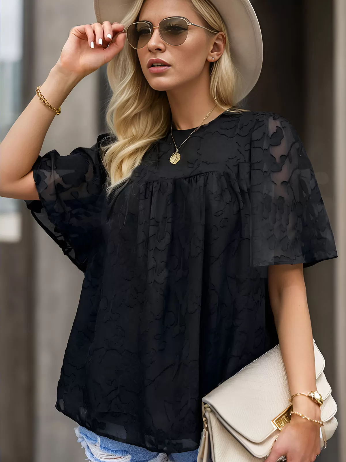 Round Neck Flare Short Sleeve Blouse, 5 of 6