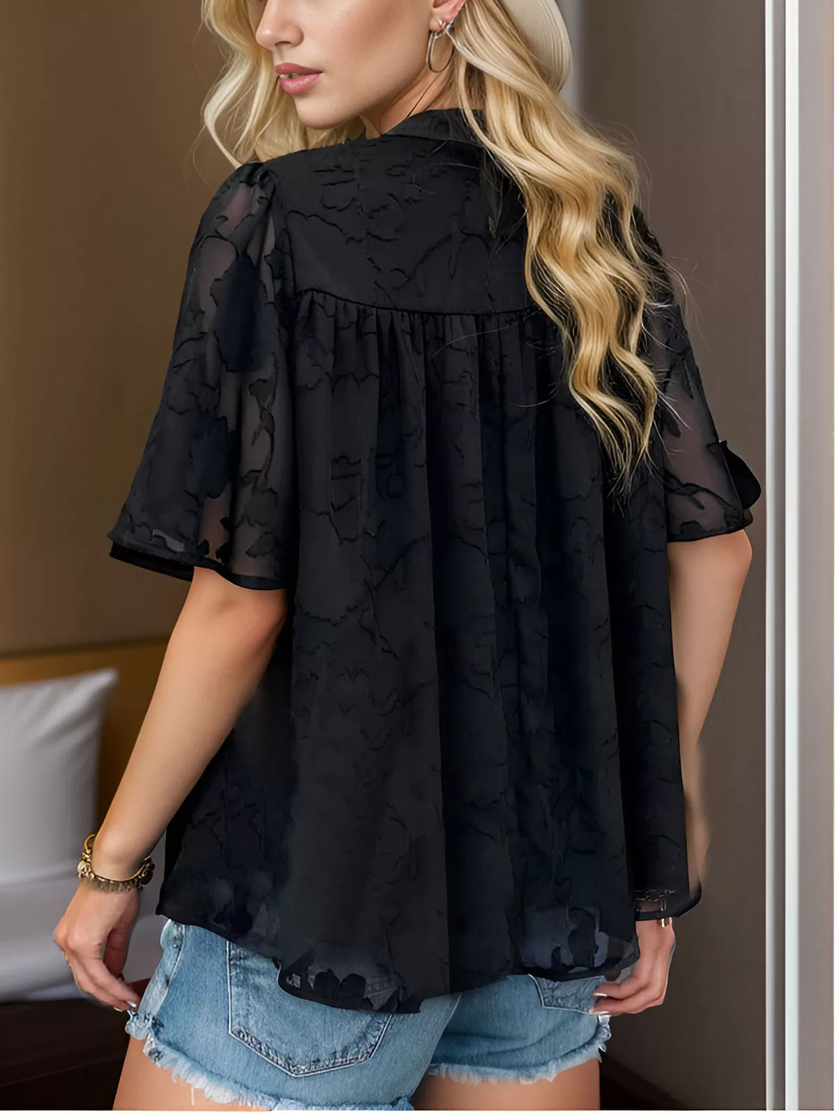 Round Neck Flare Short Sleeve Blouse, 6 of 6