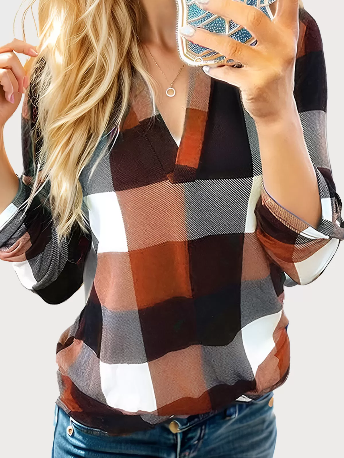 Plaid Printing V-neck Long Sleeve Blouse, 1 of 5