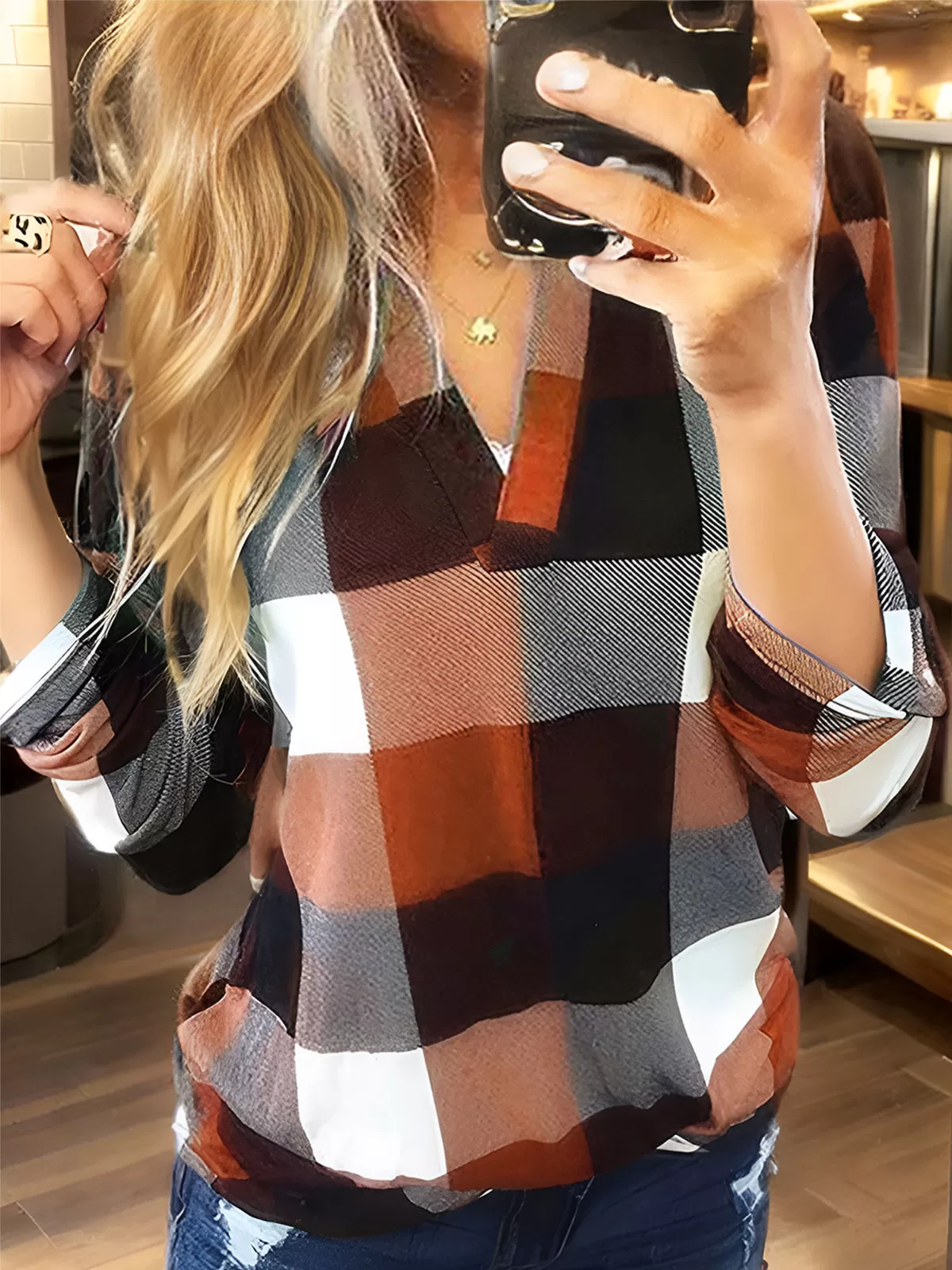 Plaid Printing V-neck Long Sleeve Blouse, 2 of 5