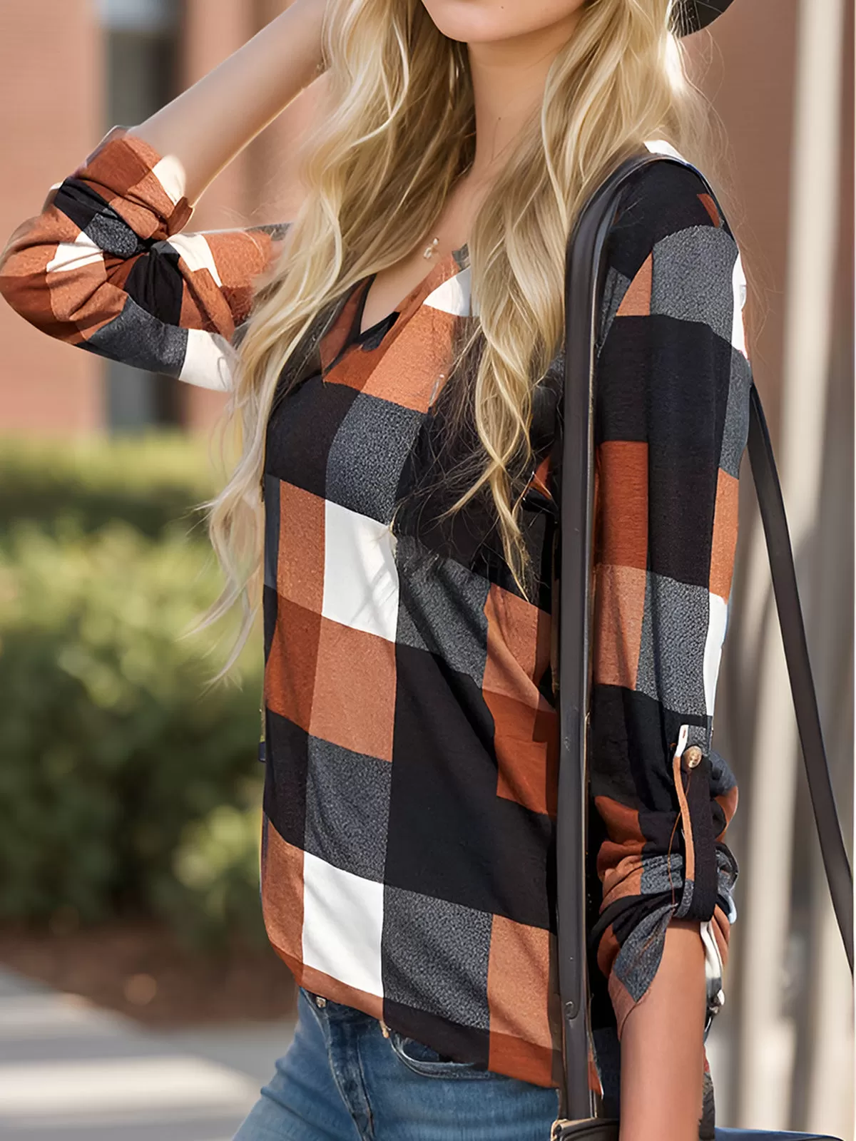 Plaid Printing V-neck Long Sleeve Blouse, 3 of 5