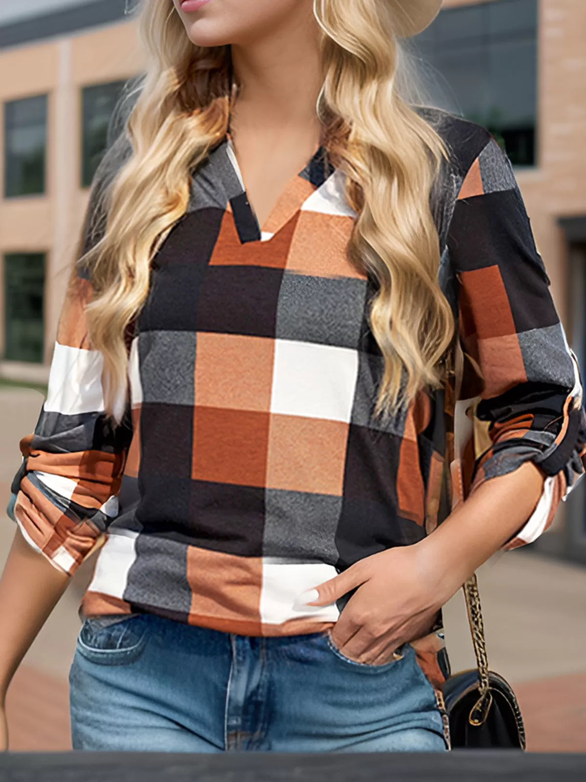 Plaid Printing V-neck Long Sleeve Blouse, 4 of 5
