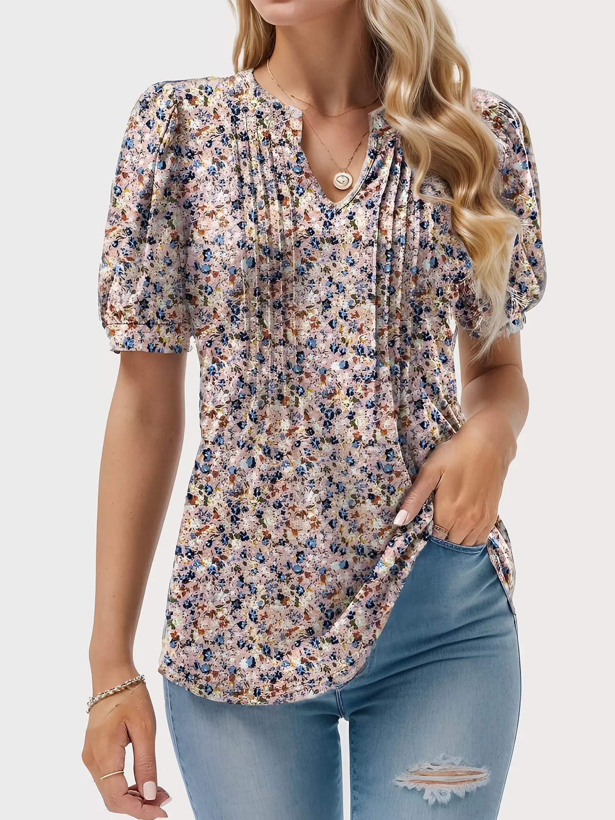 Floral Printing V-neck Puff Short Sleeve Blouse, 1 of 5