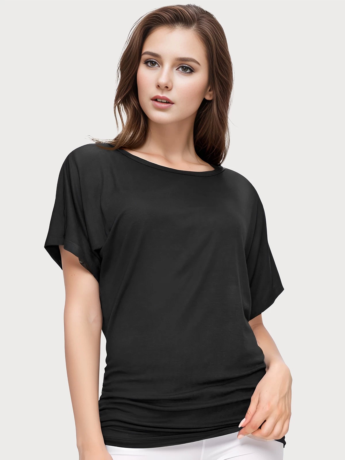 Wrinkle Round Neck Batwing Short Sleeve T-shirt | DRESSIN