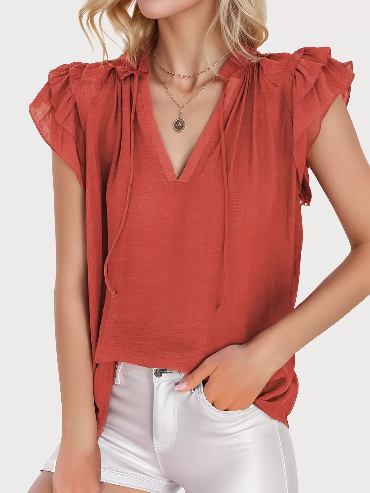 Wrinkle V-neck Flounce Drawstring Blouse, 1 of 4