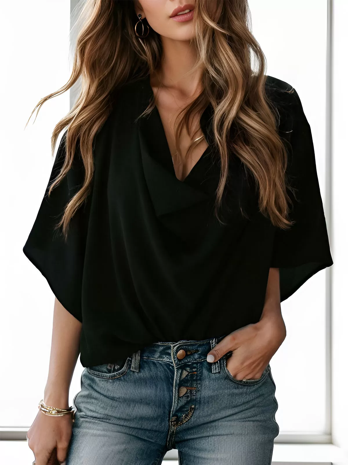 Cowl Neck Flare Half Sleeve Blouse, 2 of 5