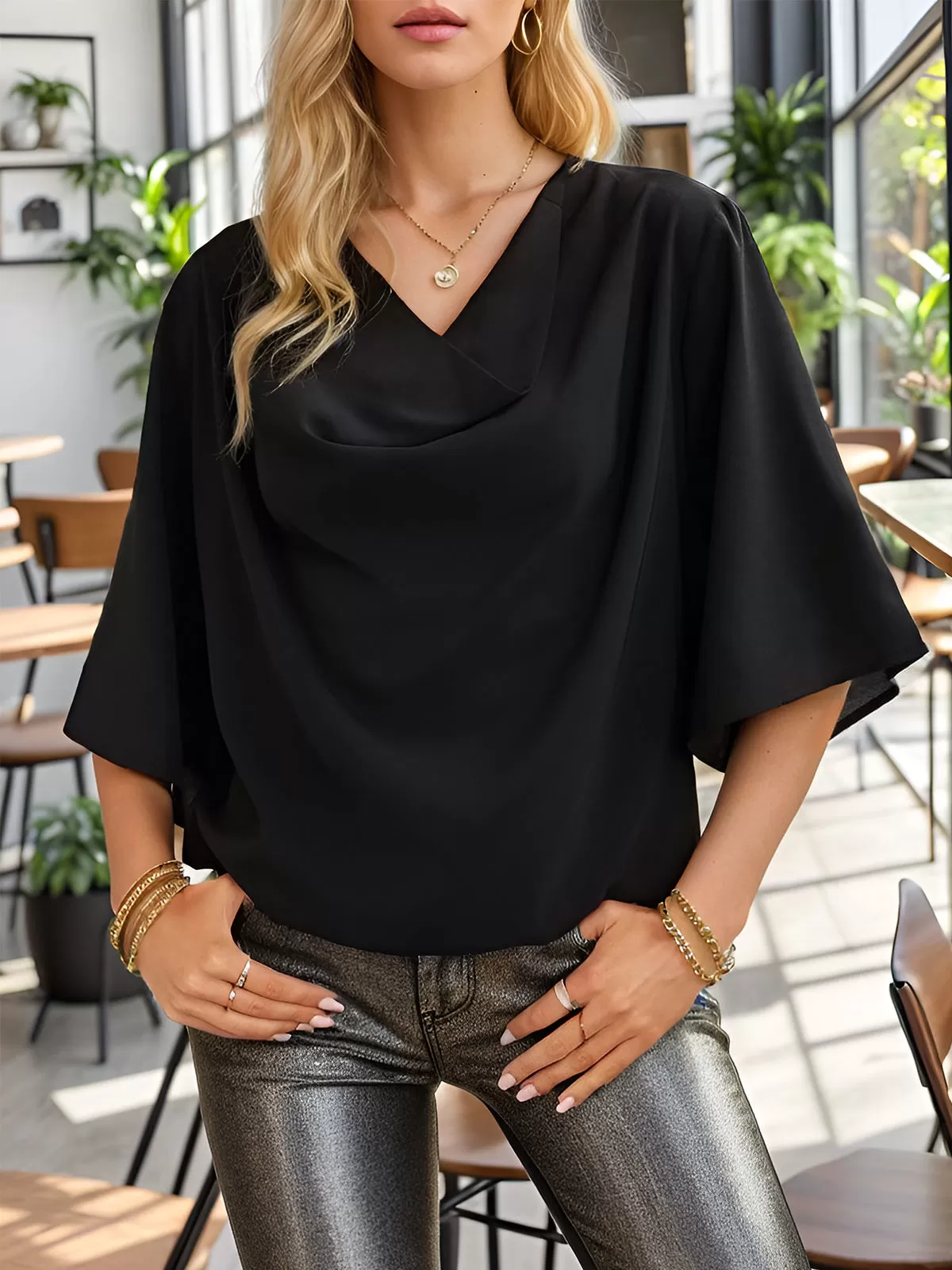 Cowl Neck Flare Half Sleeve Blouse, 3 of 5
