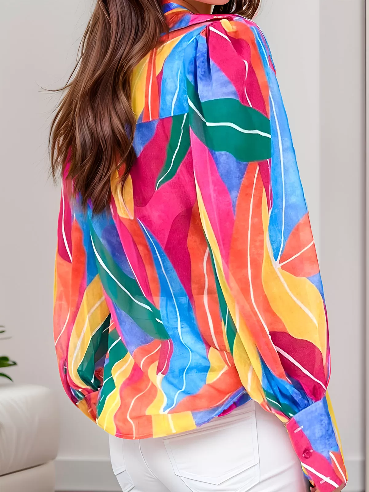 Floral Wrinkle Lapel Lantern Long Sleeve Blouse, 3 of 6