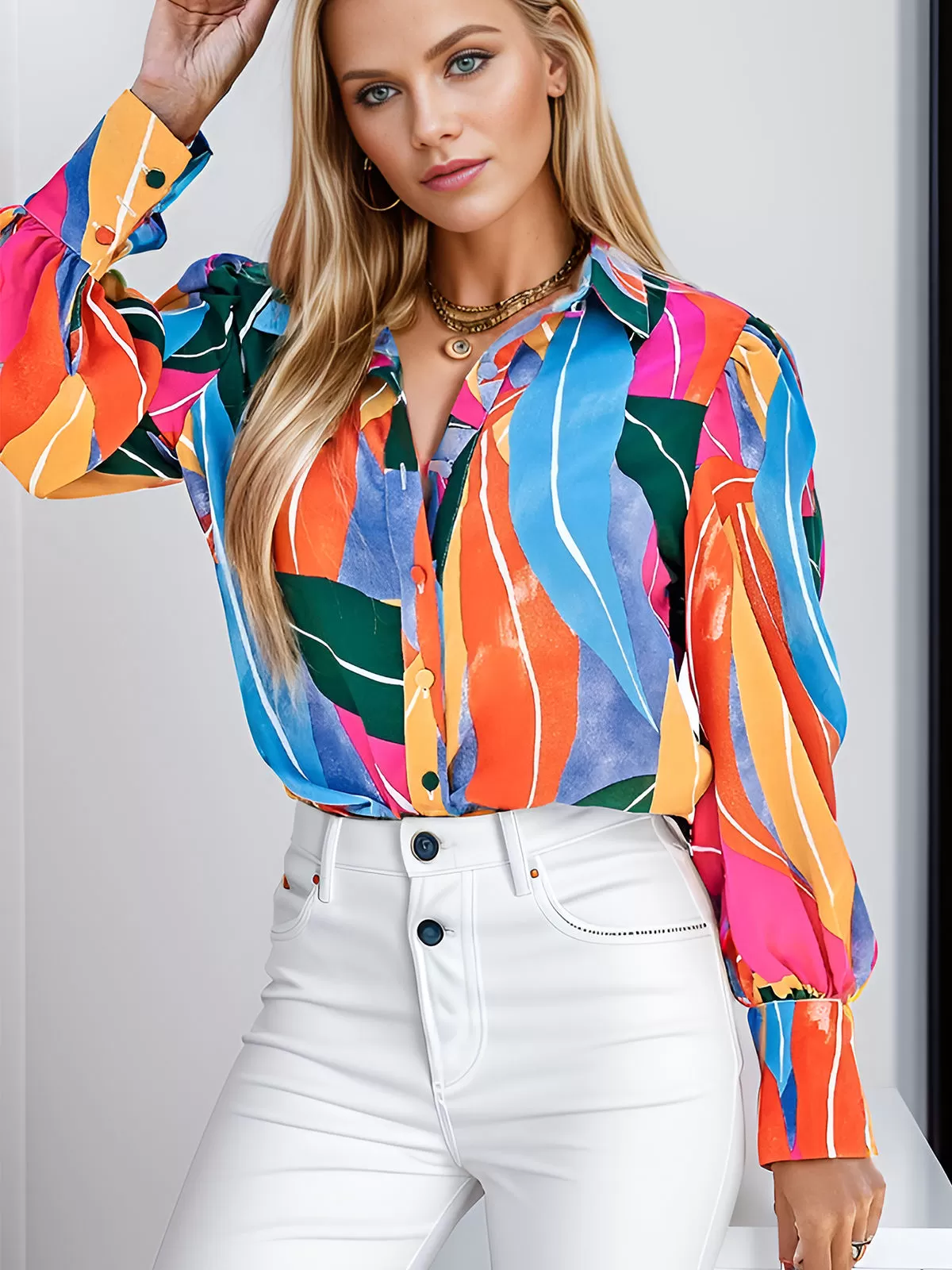 Floral Wrinkle Lapel Lantern Long Sleeve Blouse, 4 of 6