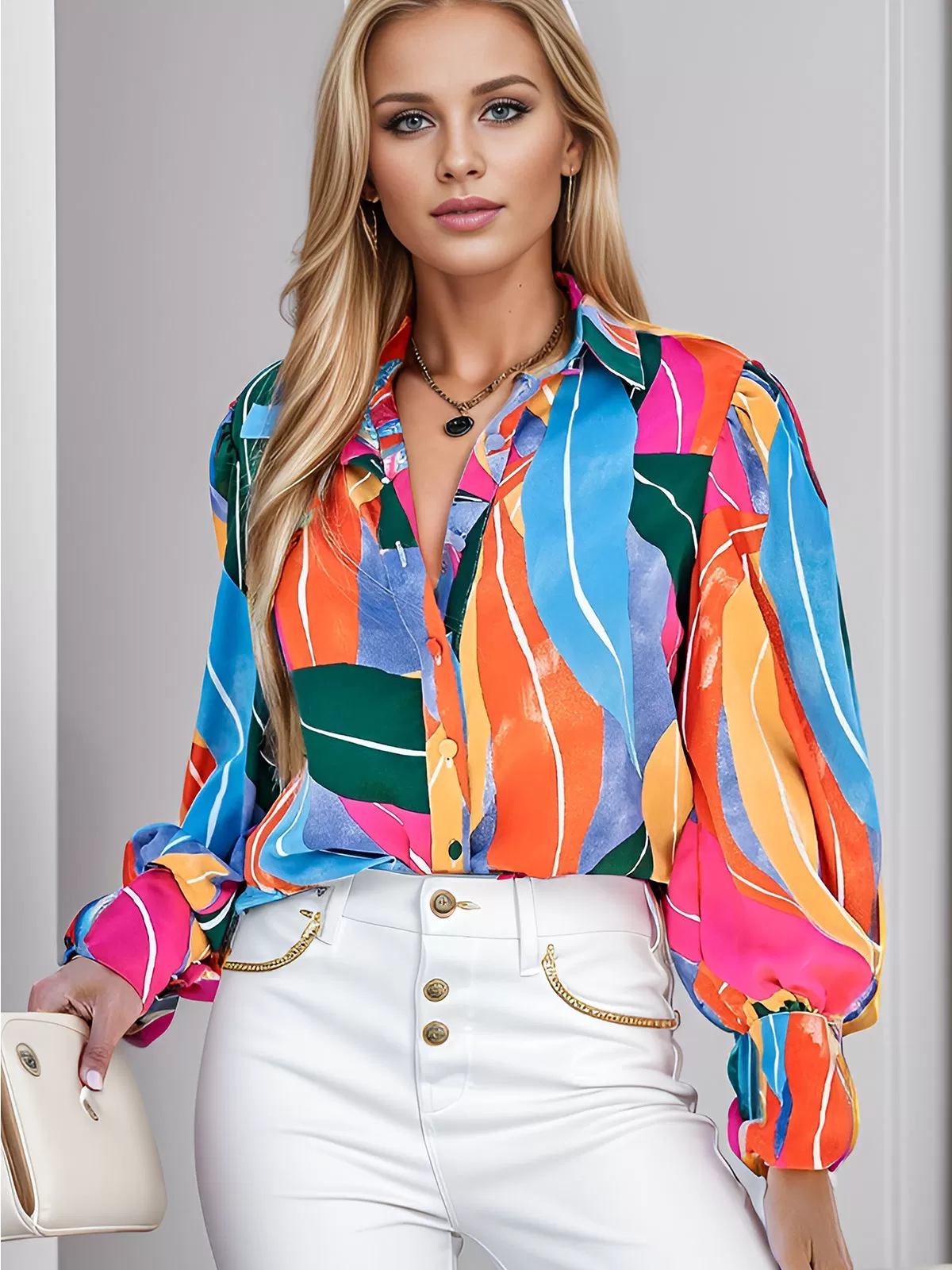 Floral Wrinkle Lapel Lantern Long Sleeve Blouse, 5 of 6