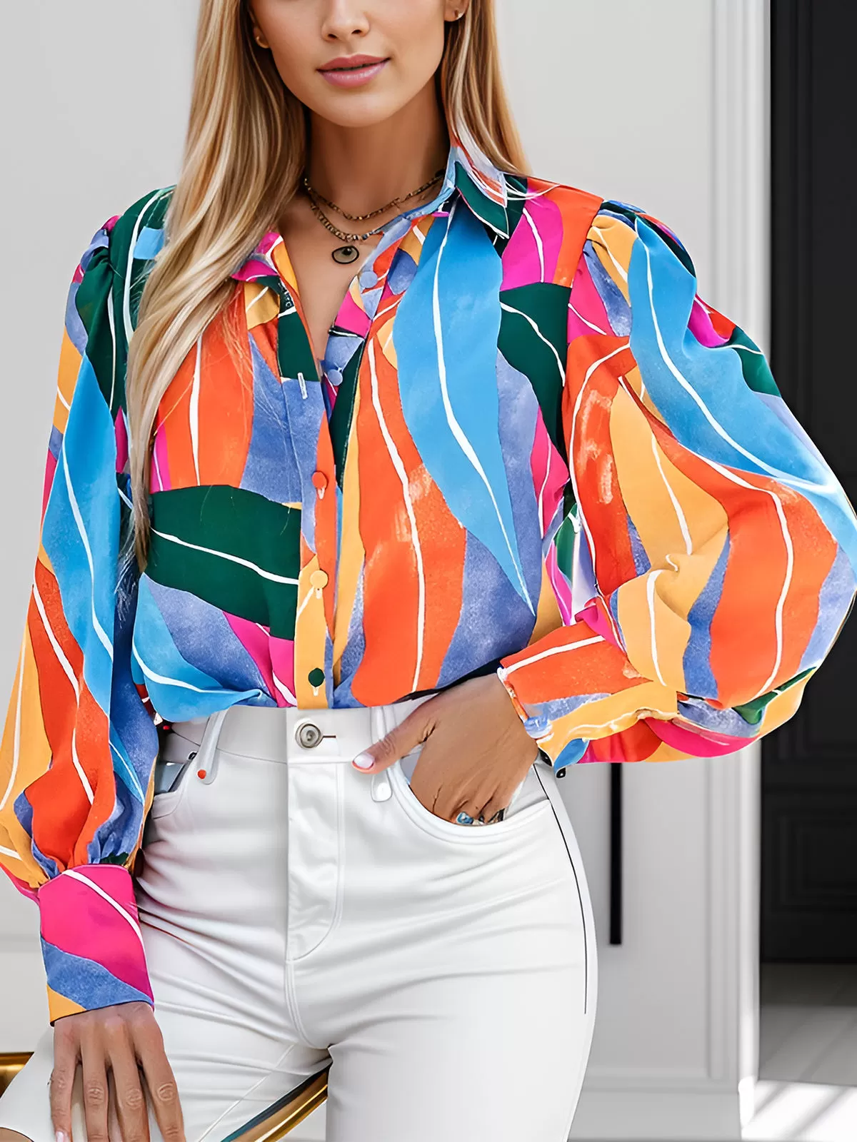 Floral Wrinkle Lapel Lantern Long Sleeve Blouse, 6 of 6