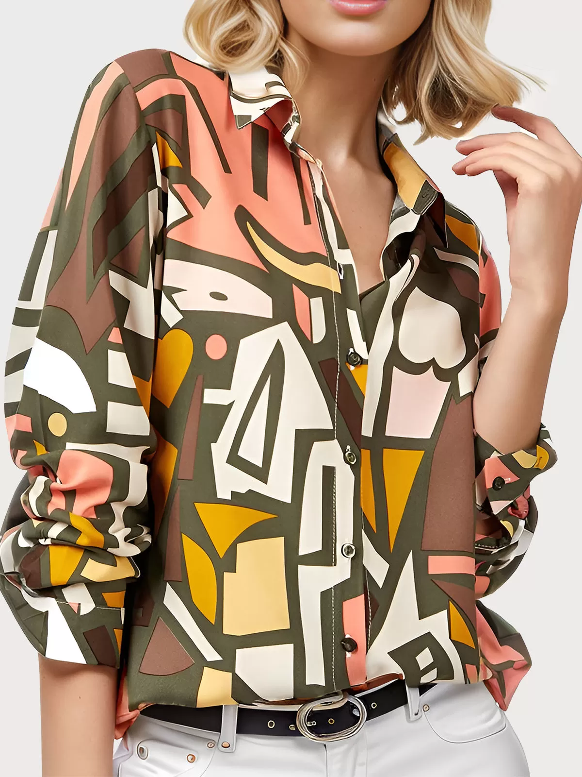 Geometric Printing Lapel Shirt Long Sleeve Blouse, 1 of 5