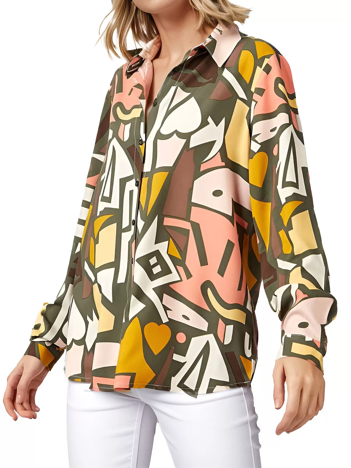 Geometric Printing Lapel Shirt Long Sleeve Blouse, 2 of 5