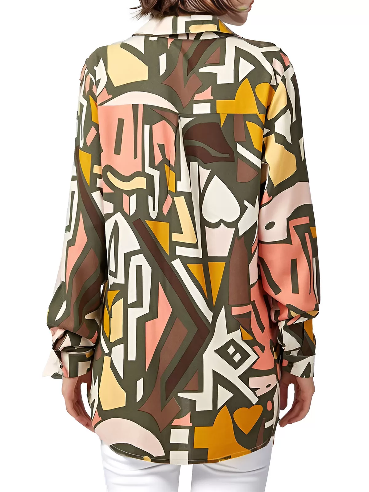 Geometric Printing Lapel Shirt Long Sleeve Blouse, 3 of 5