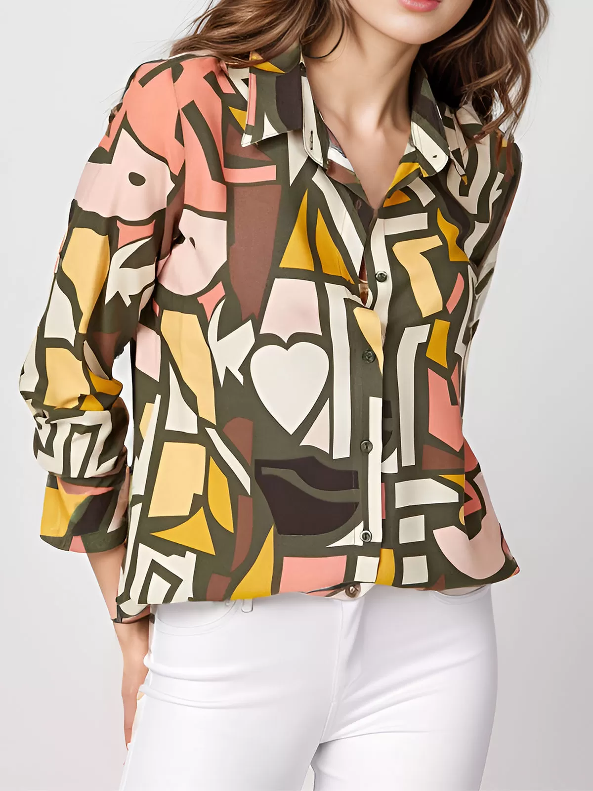 Geometric Printing Lapel Shirt Long Sleeve Blouse, 4 of 5