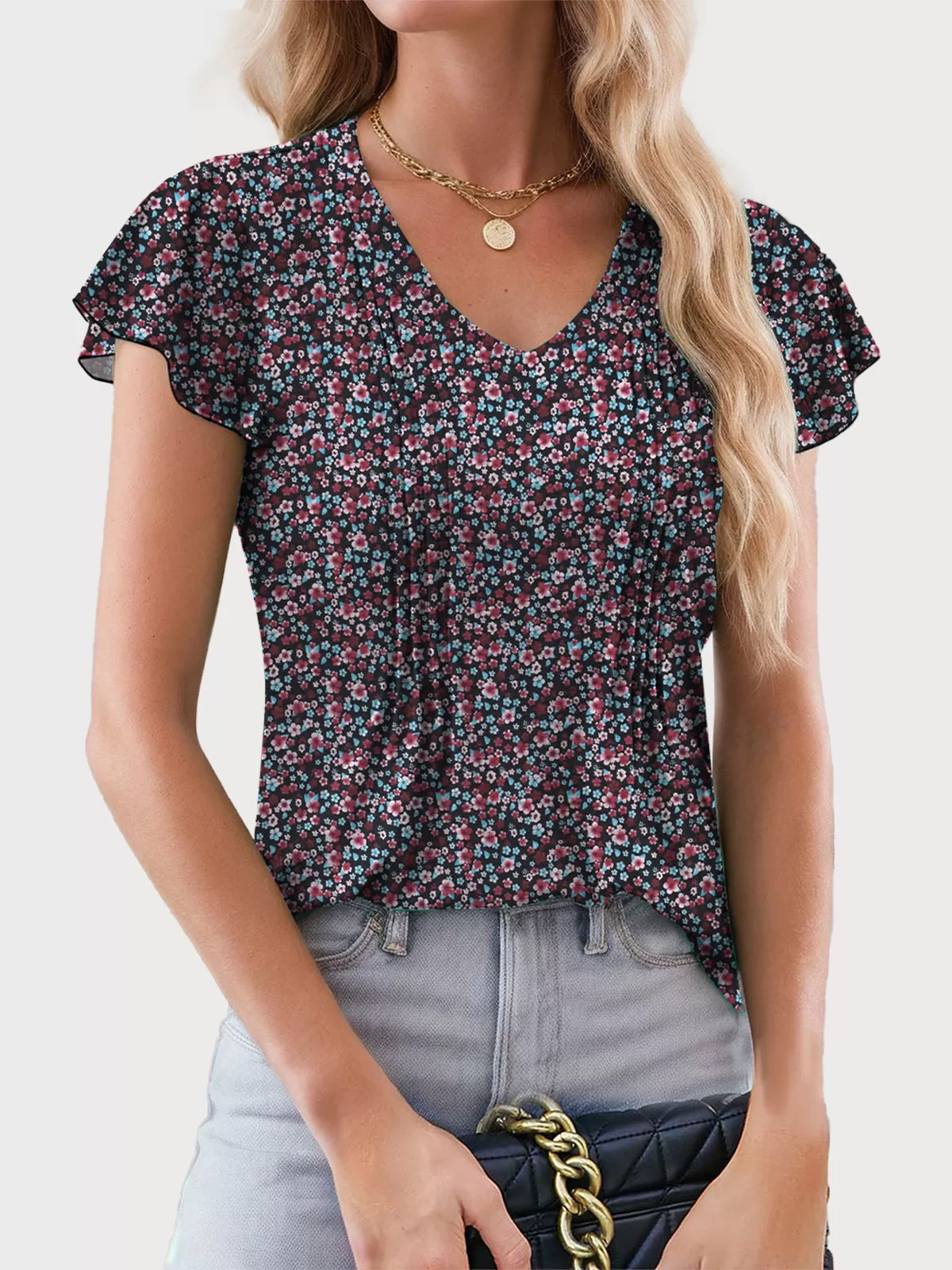 Floral V-neck Flounce Short Sleeve T-shirt, 1 of 4