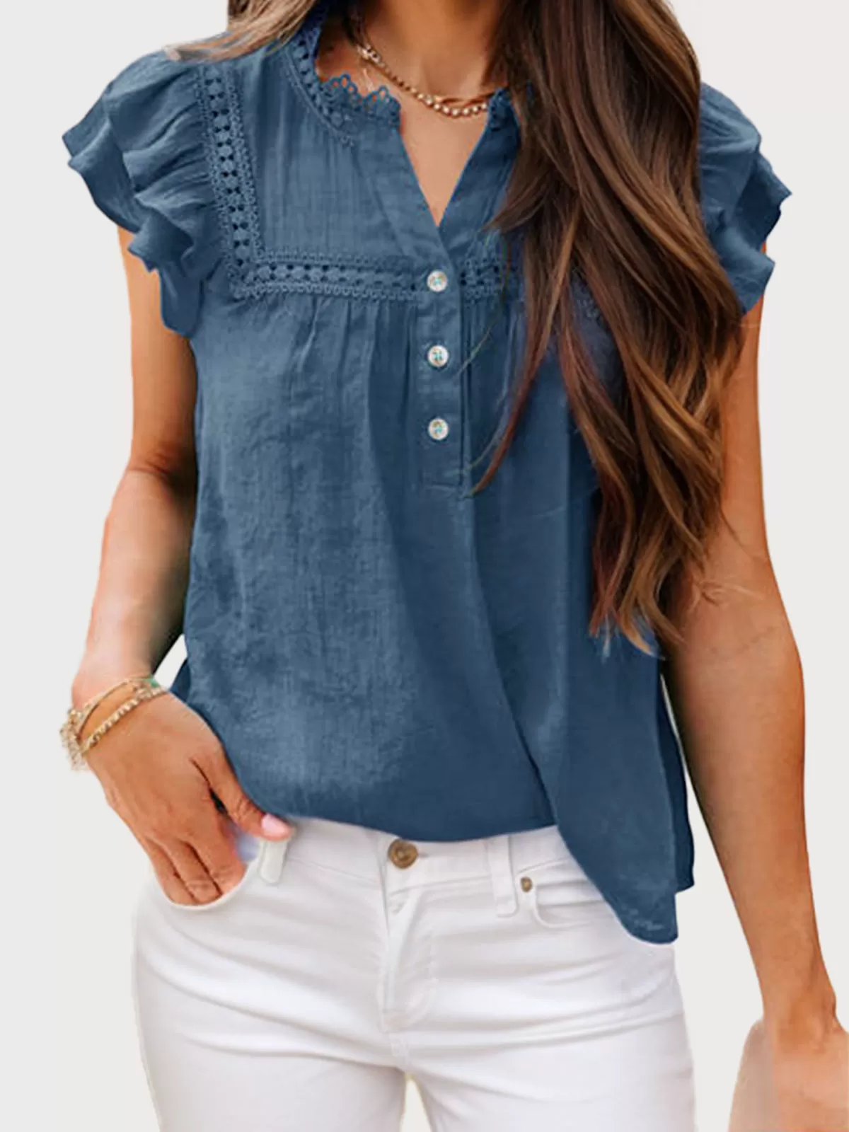 Wrinkle V-neck Flounce Lace Crochet Shirts Button Blouse, 2 of 4