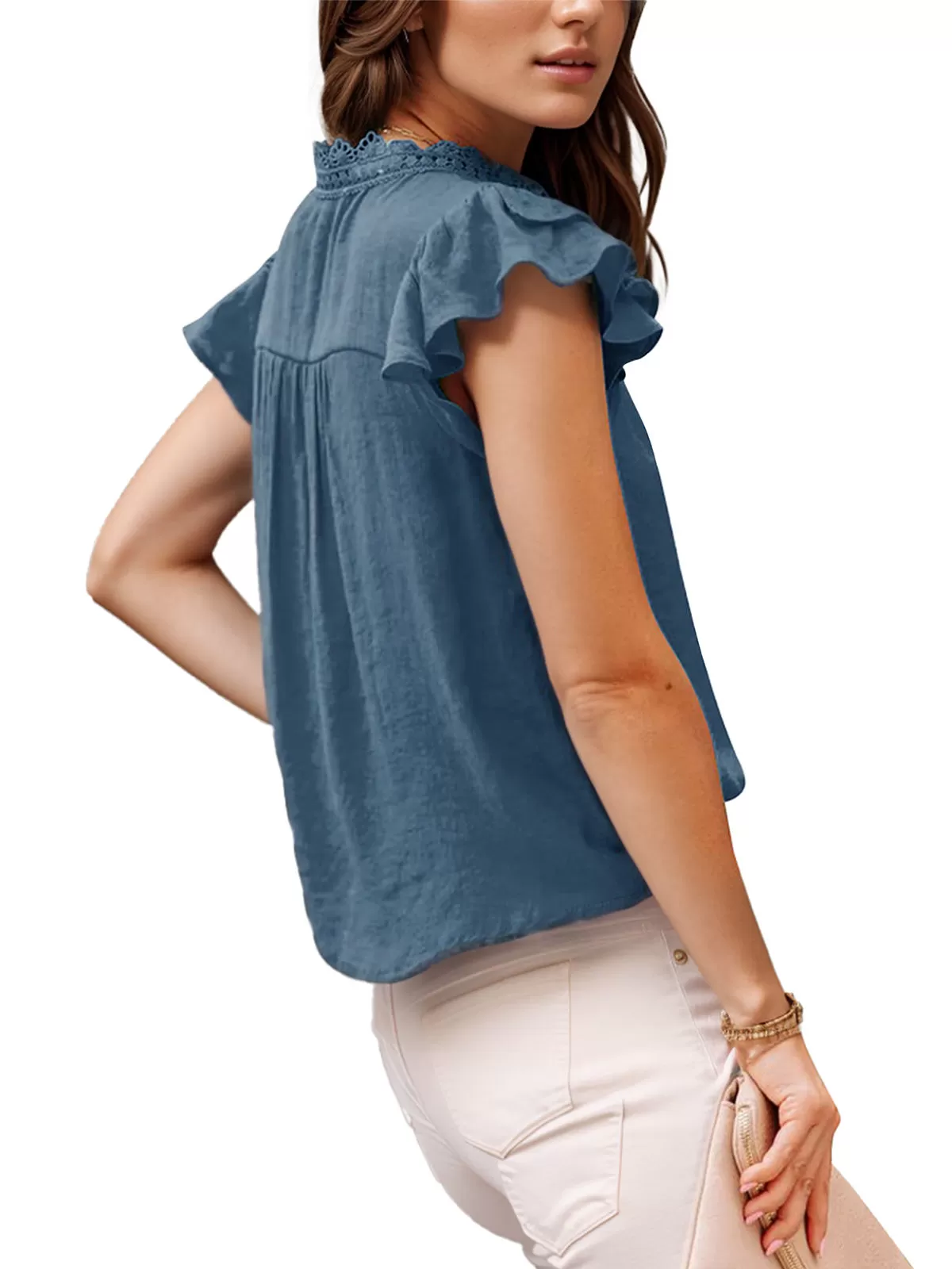 Wrinkle V-neck Flounce Lace Crochet Shirts Button Blouse, 3 of 4