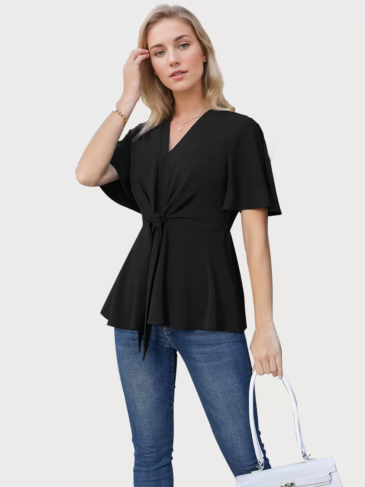 Wrinkle V-neck Flounce Peplum Tie Front Blouse, 1 of 5
