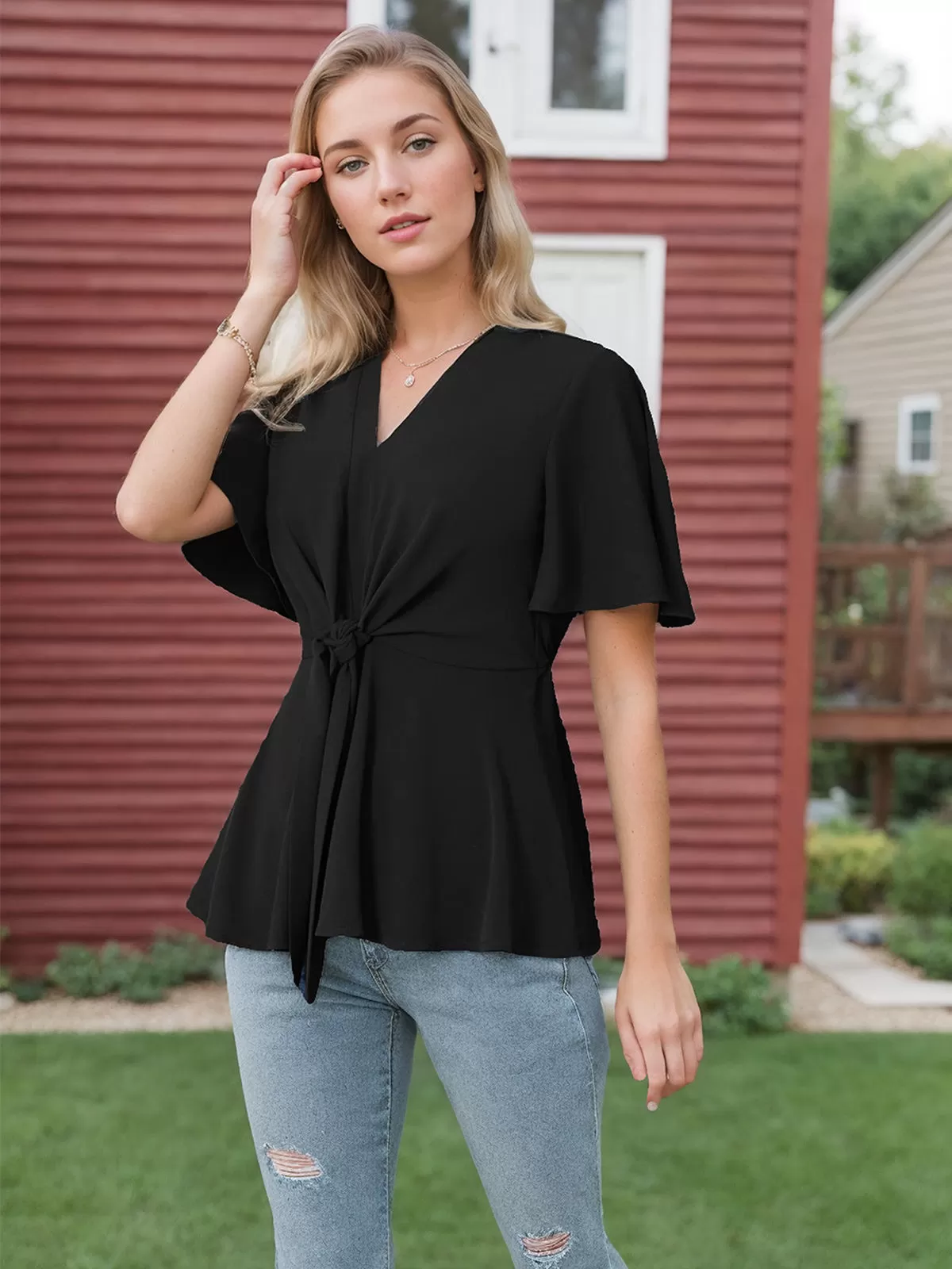 Wrinkle V-neck Flounce Peplum Tie Front Blouse, 2 of 5