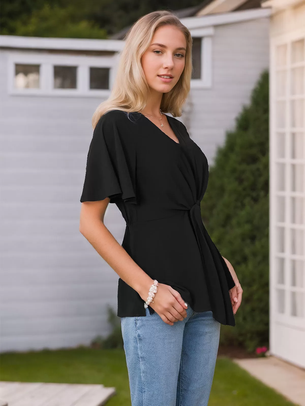 Wrinkle V-neck Flounce Peplum Tie Front Blouse, 3 of 5