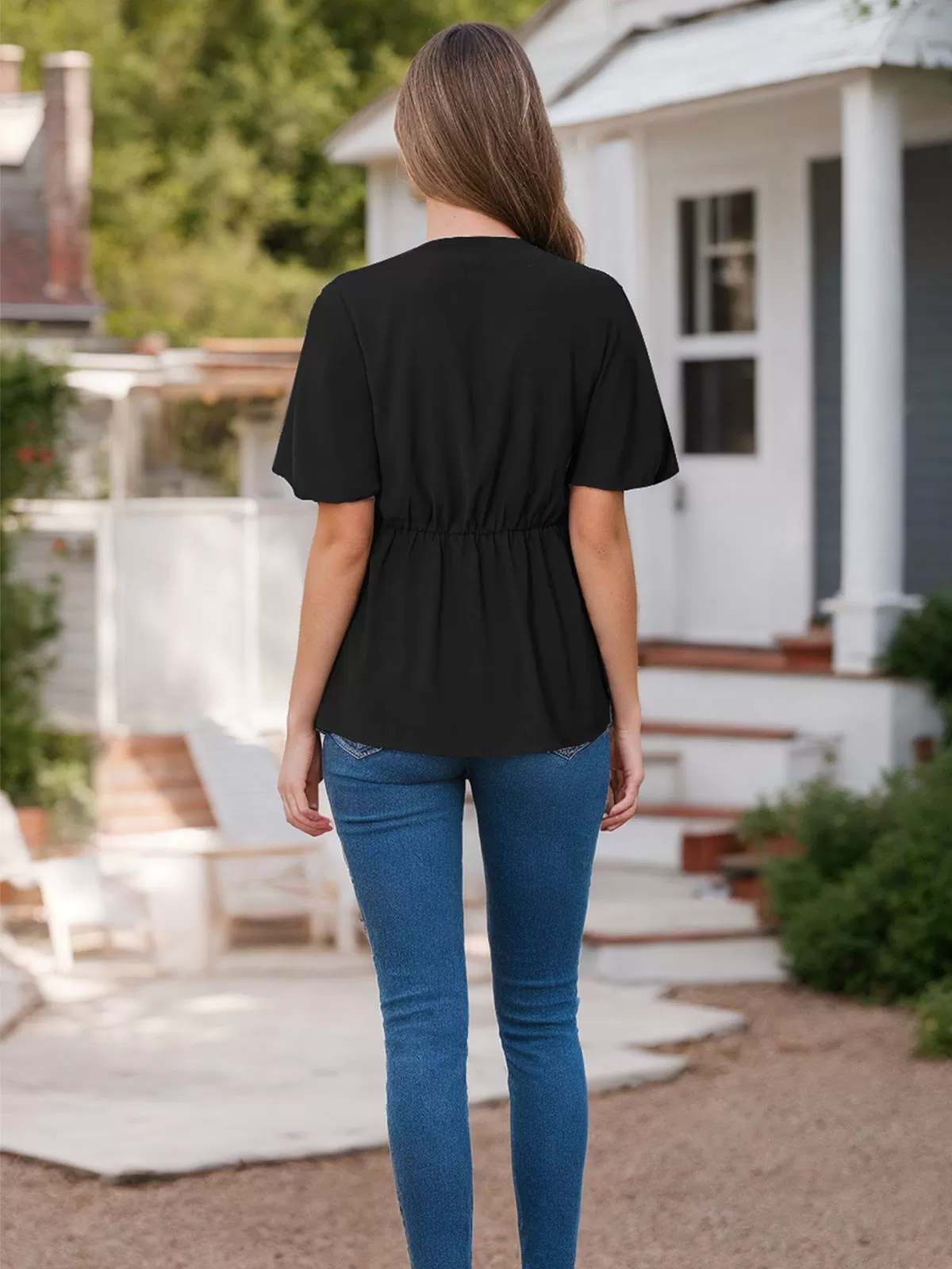 Wrinkle V-neck Flounce Peplum Tie Front Blouse, 4 of 5