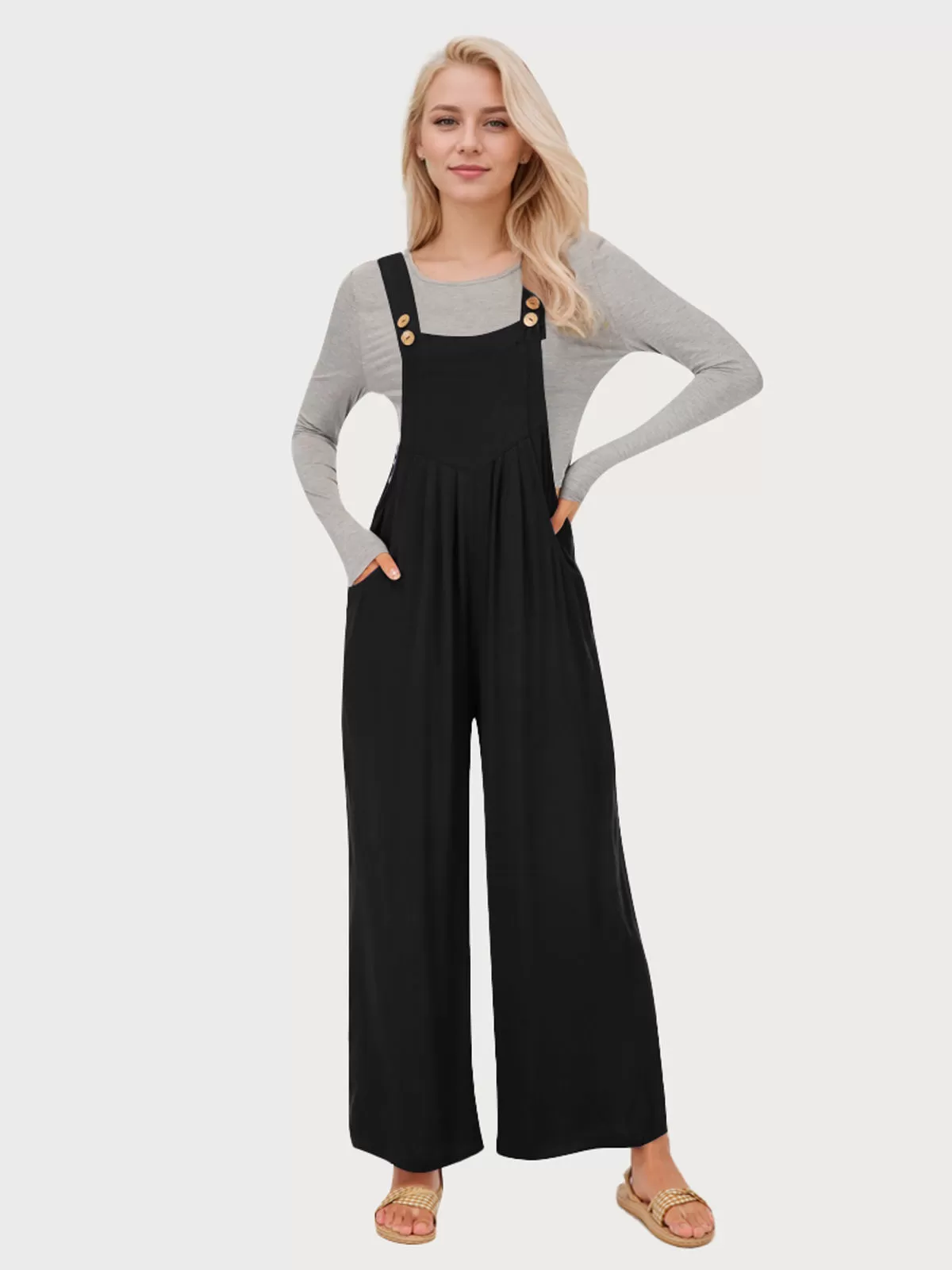 High Rise Button Fly Palazzo Overall Jumpsuit, 1 of 6