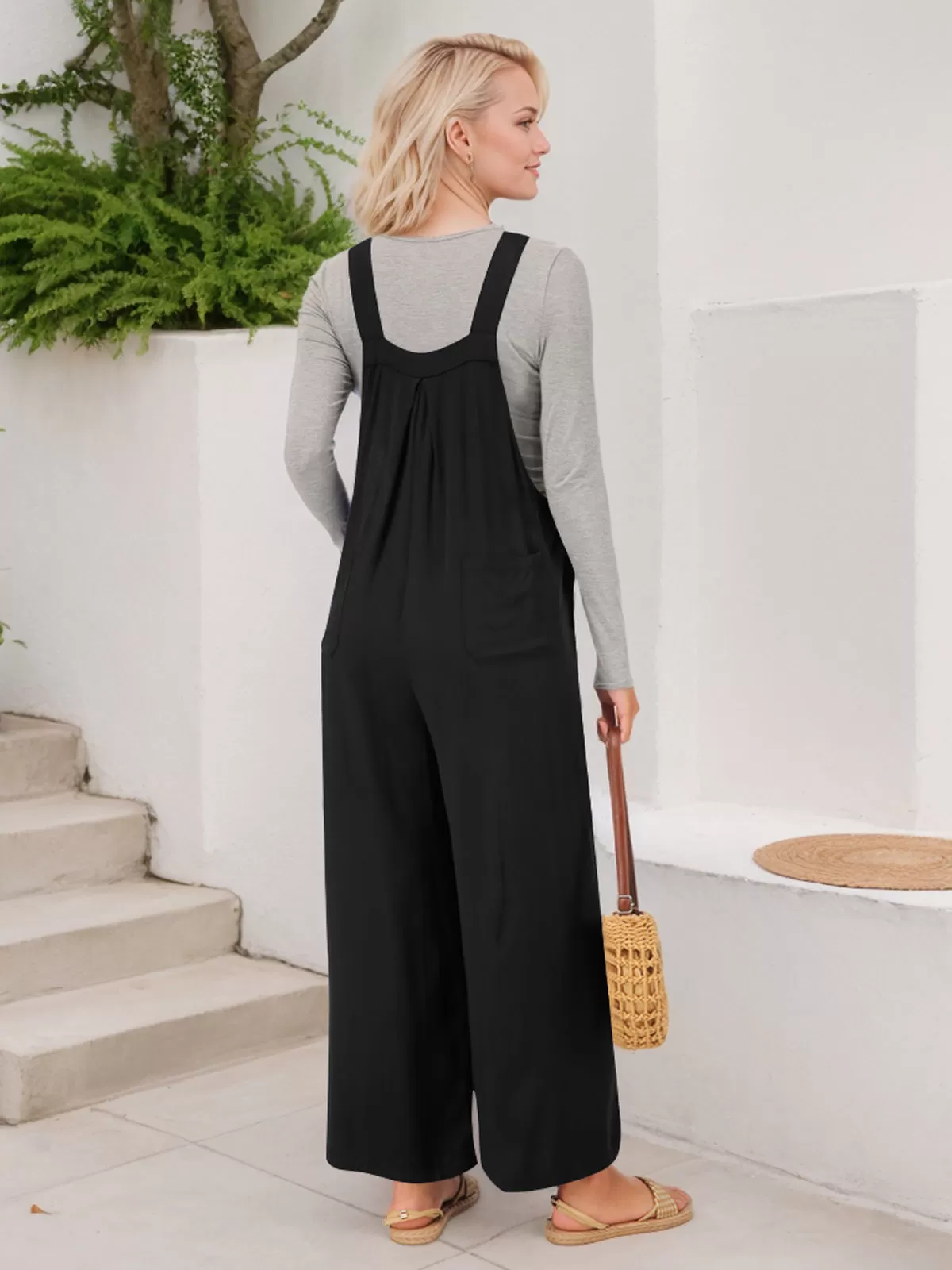 High Rise Button Fly Palazzo Overall Jumpsuit, 2 of 6