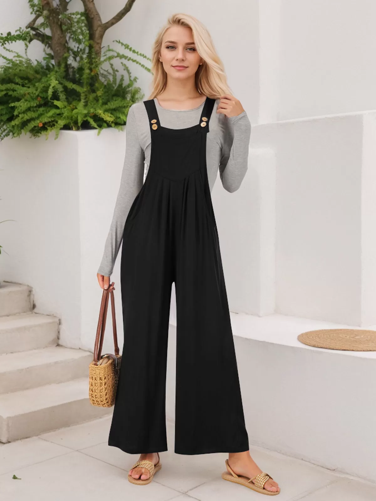 High Rise Button Fly Palazzo Overall Jumpsuit, 3 of 6