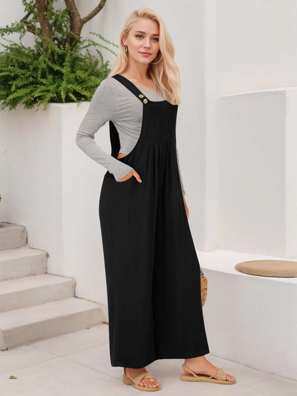 High Rise Button Fly Palazzo Overall Jumpsuit, 4 of 6