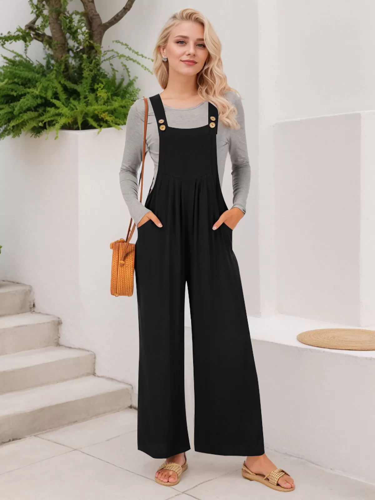 High Rise Button Fly Palazzo Overall Jumpsuit, 5 of 6