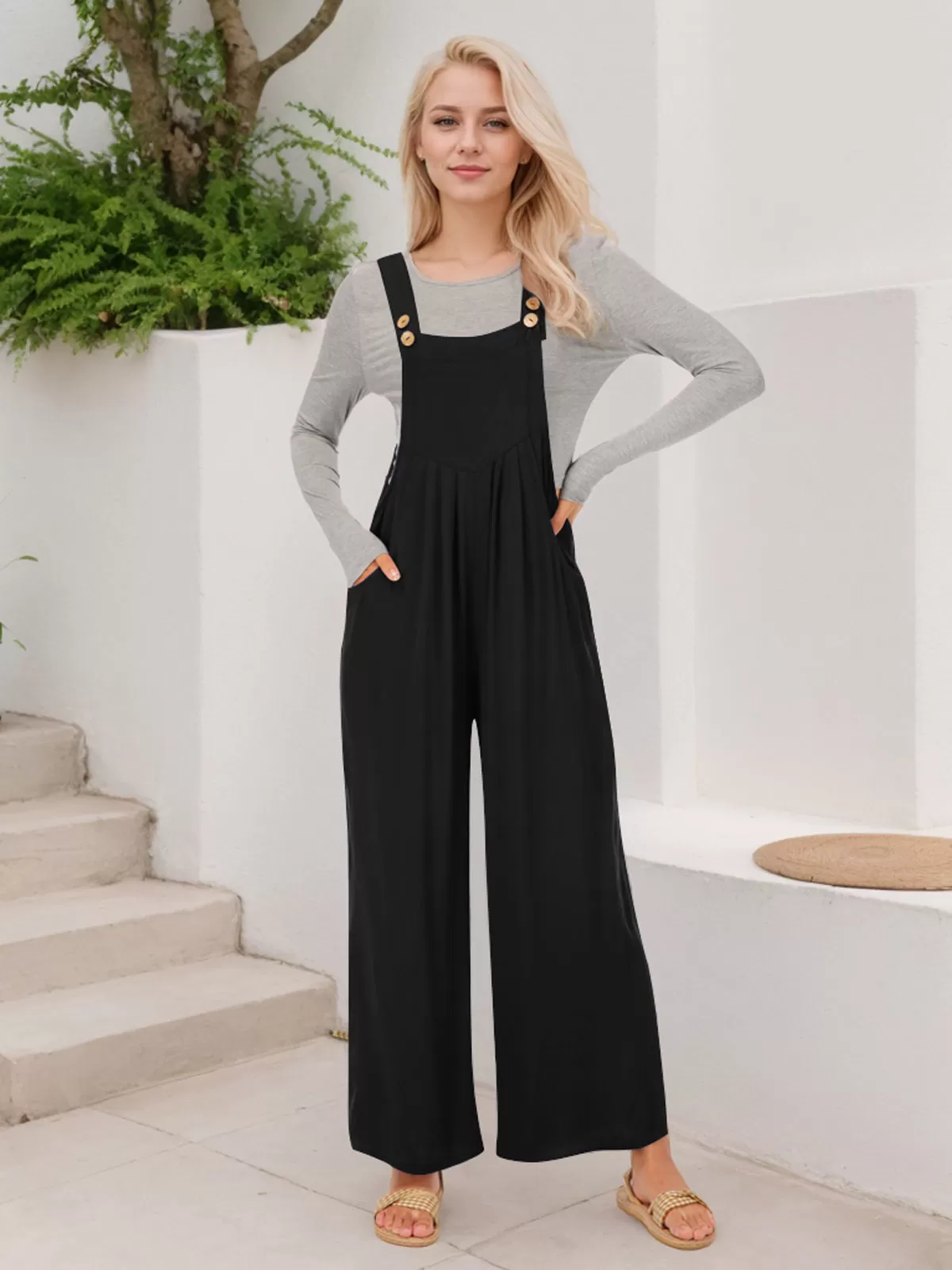 High Rise Button Fly Palazzo Overall Jumpsuit, 6 of 6