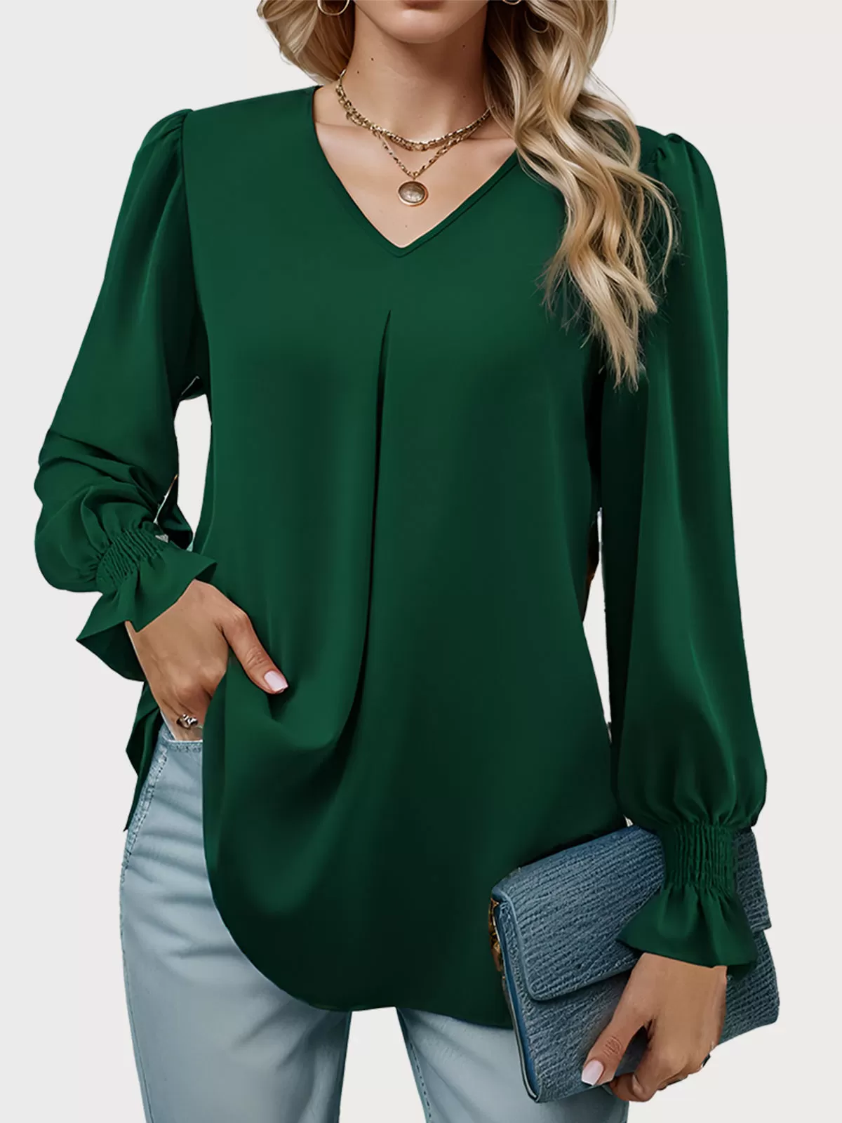 Wrinkle V-neck Lantern Long Sleeve Blouse, 1 of 6
