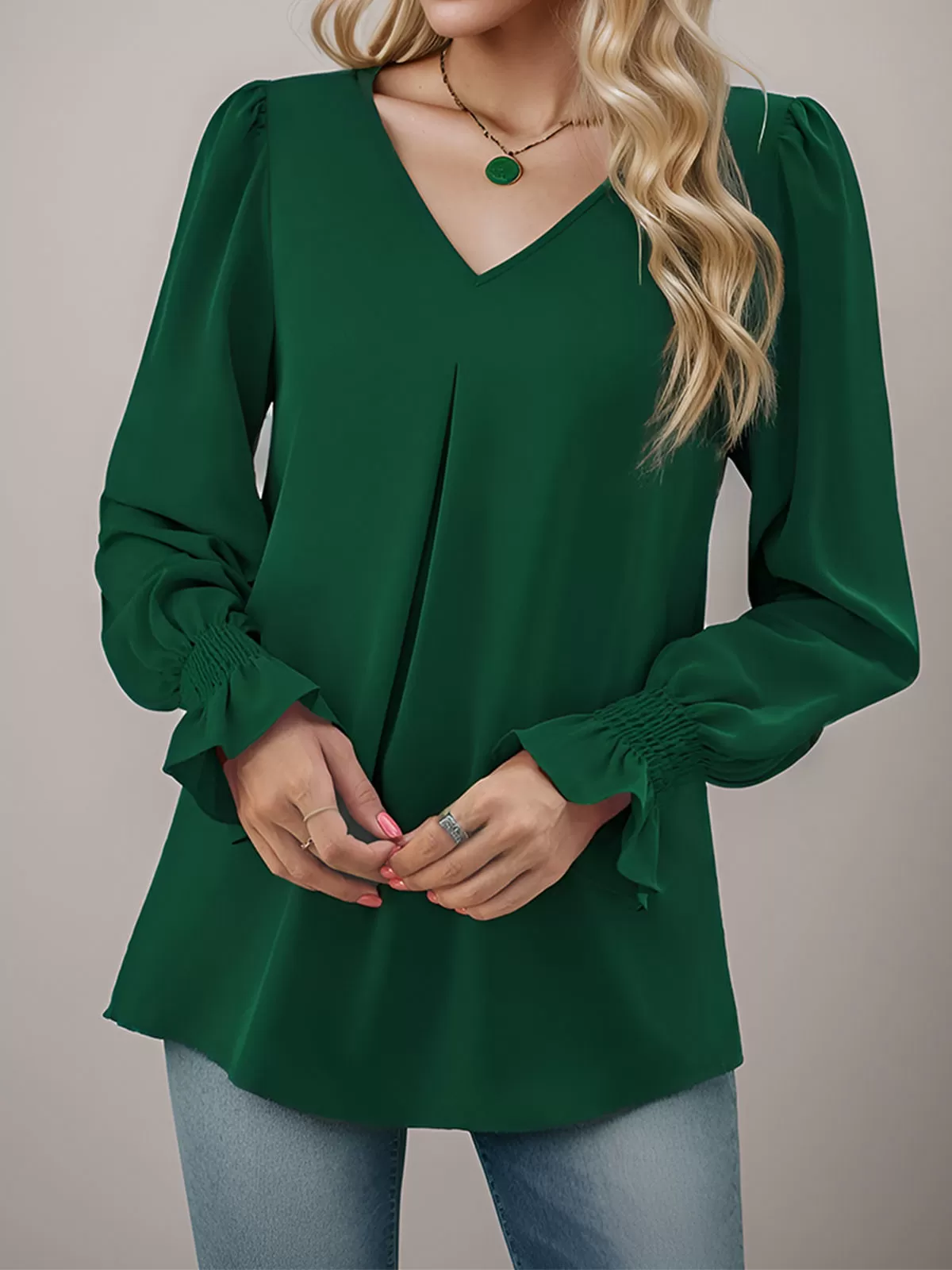 Wrinkle V-neck Lantern Long Sleeve Blouse, 5 of 6
